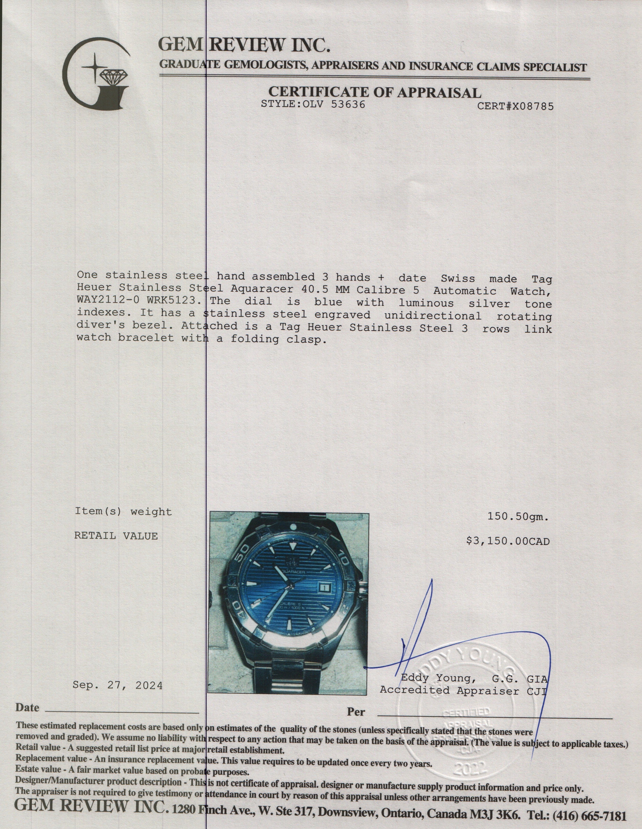 Tag Heuer Stainless Steel Aquaracer Blue Dial 40.5 MM Calibre 5 Automatic Watch WAY2112-0