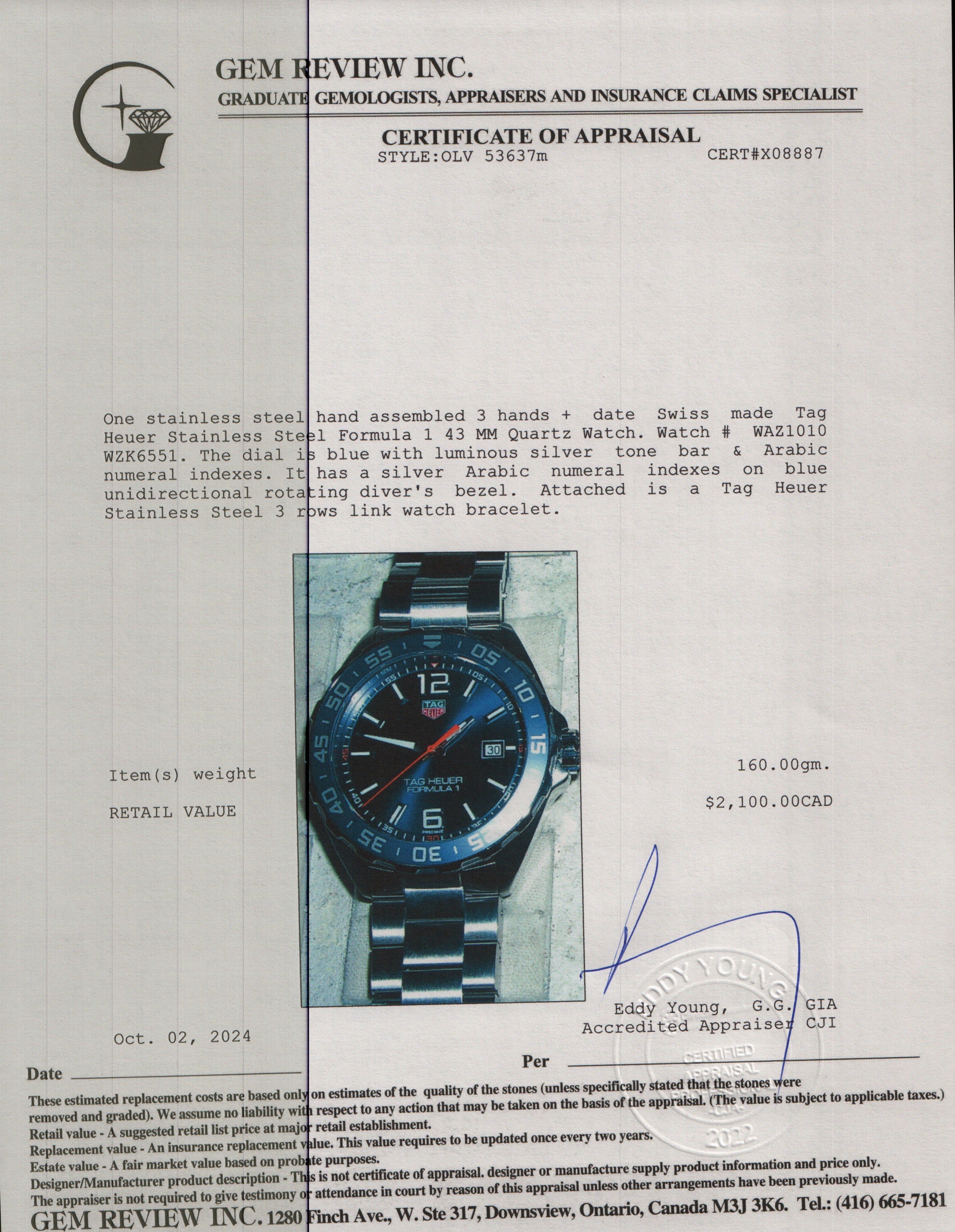 Tag Heuer Stainless Steel Formula 1 43 MM Quartz Watch WAZ1010 w/ Box & Papers