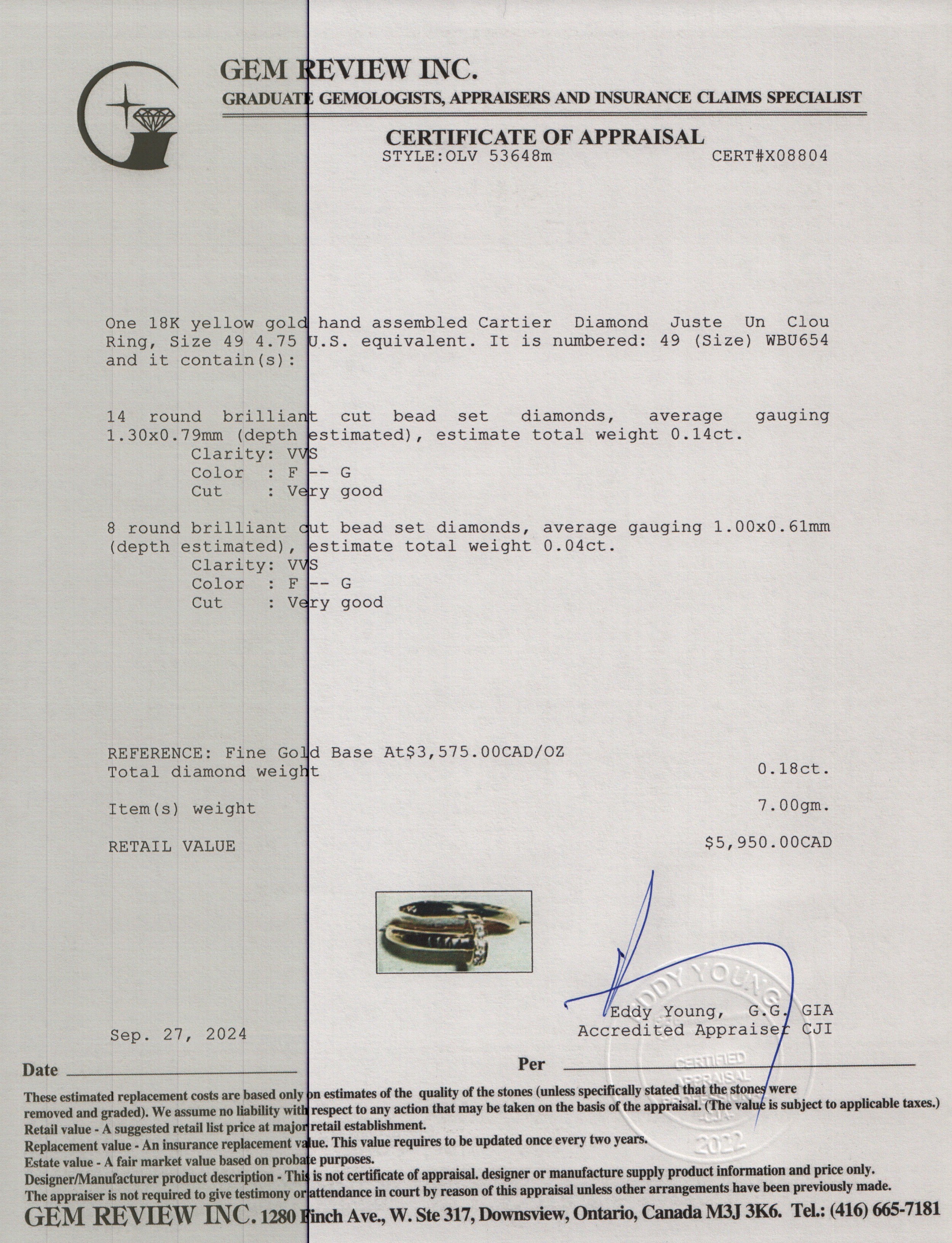 Cartier 2023 18k Yellow Gold Diamond Juste Un Clou Ring, Size 49 4.75 w/ Box & Certificate