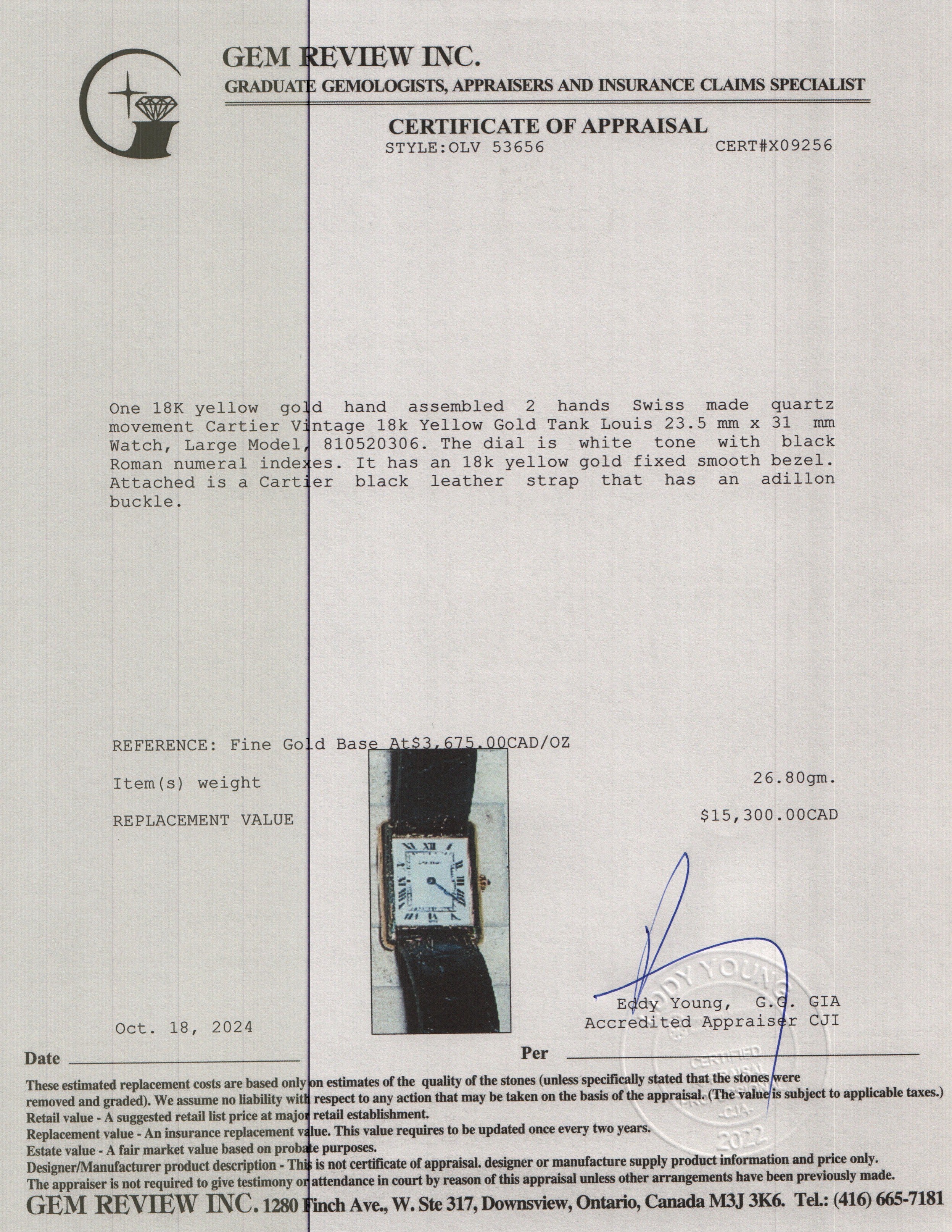 Cartier Vintage 18k Yellow Gold Tank Louis Watch, Large Model w/ Box & Papers