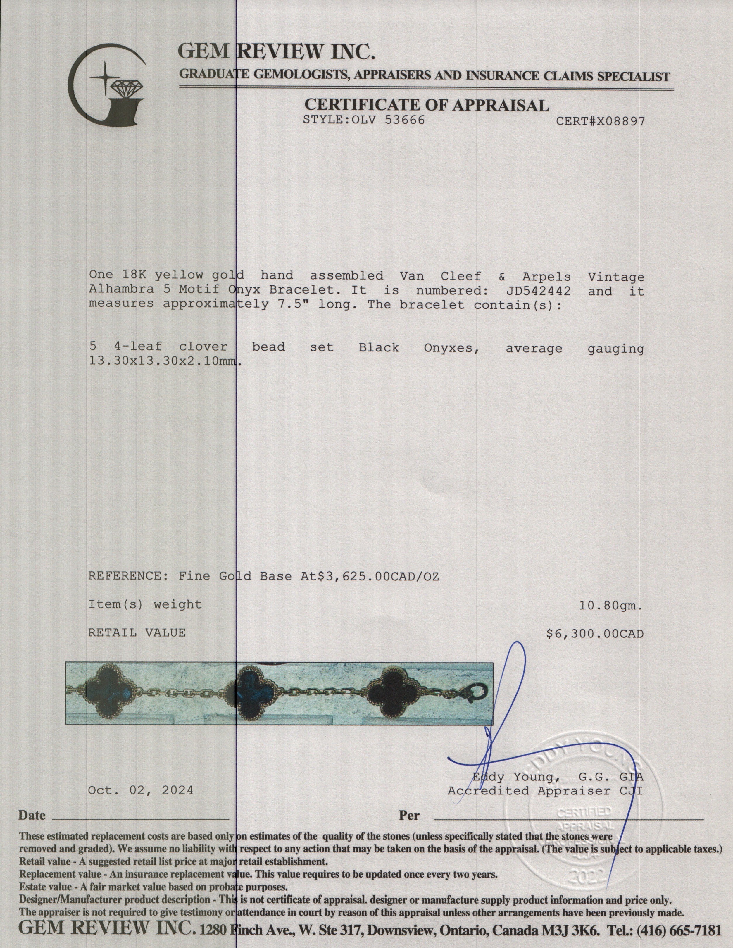 Van Cleef & Arpels 18k Yellow Gold Vintage Alhambra 5 Motif Onyx Bracelet w/ Box