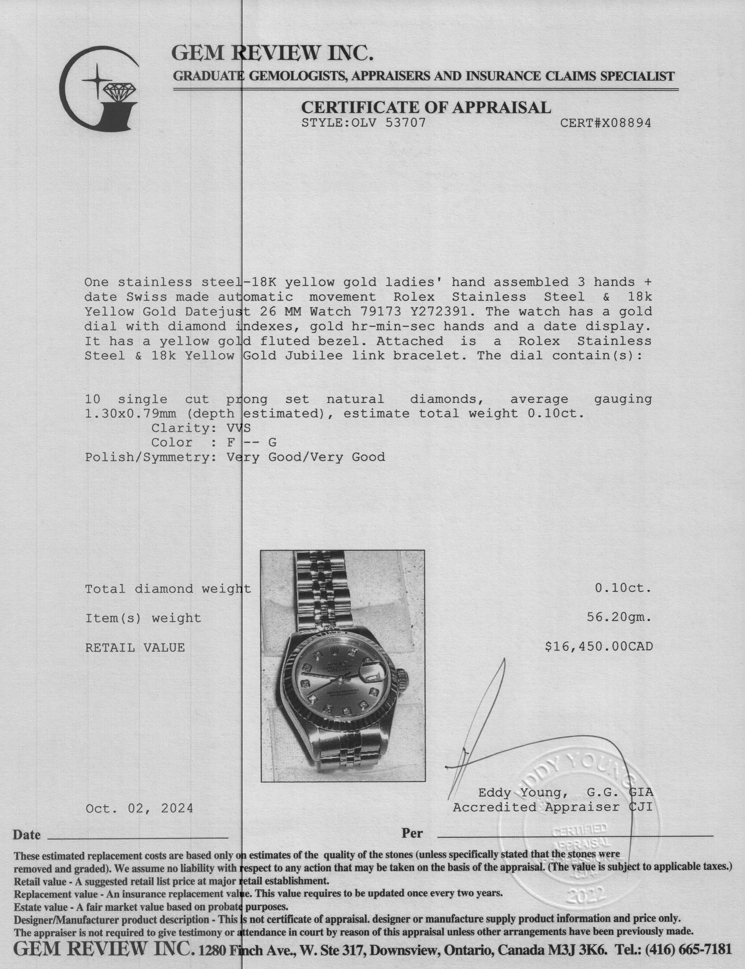 Rolex Stainless Steel & 18k Yellow Gold Diamond Dial Datejust 26 MM Watch 79173