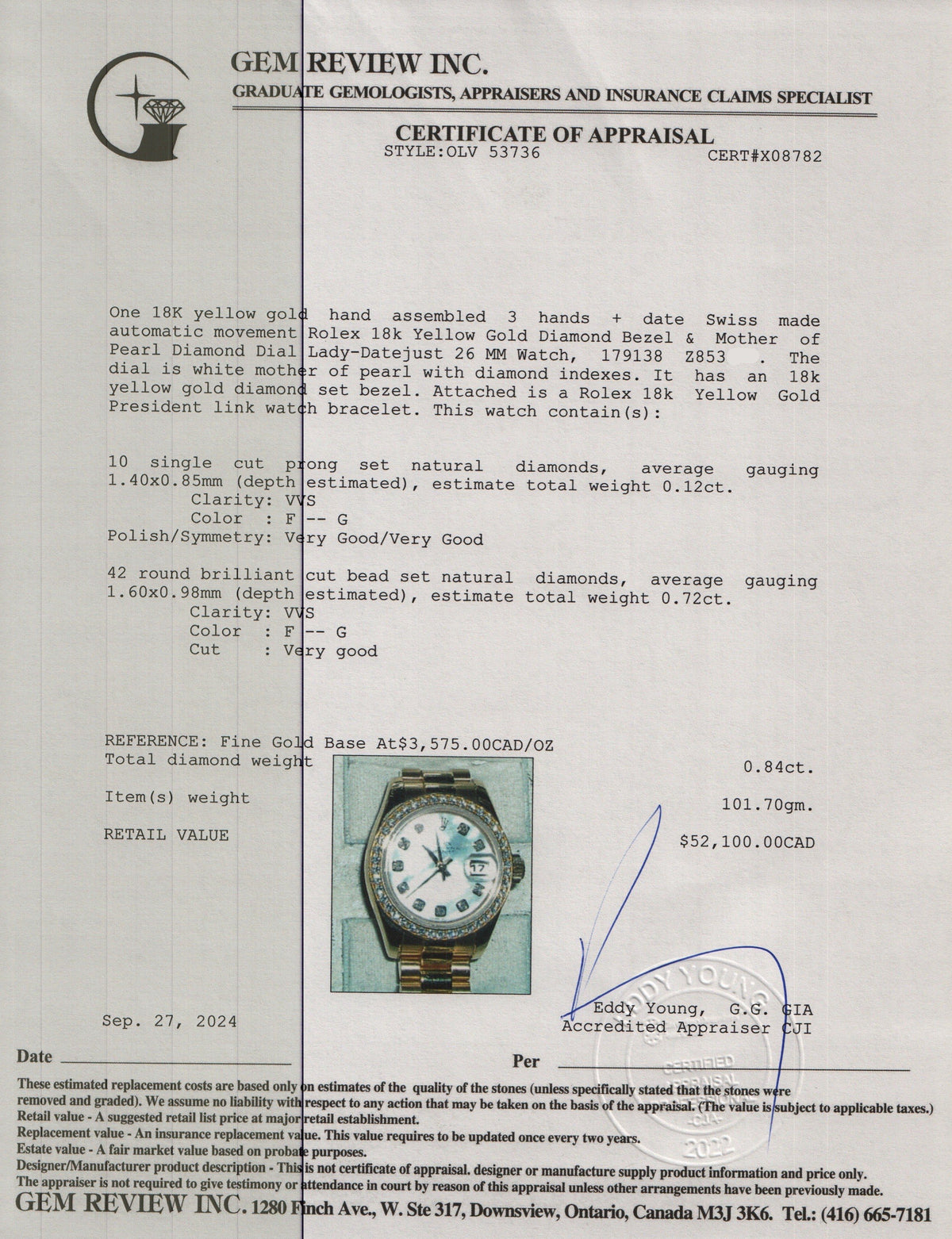 Rolex 18k Yellow Gold Diamond Bezel & Mother of Pearl Diamond Dial Lady-Datejust 26 MM Watch 179138 w/ Box & Papers