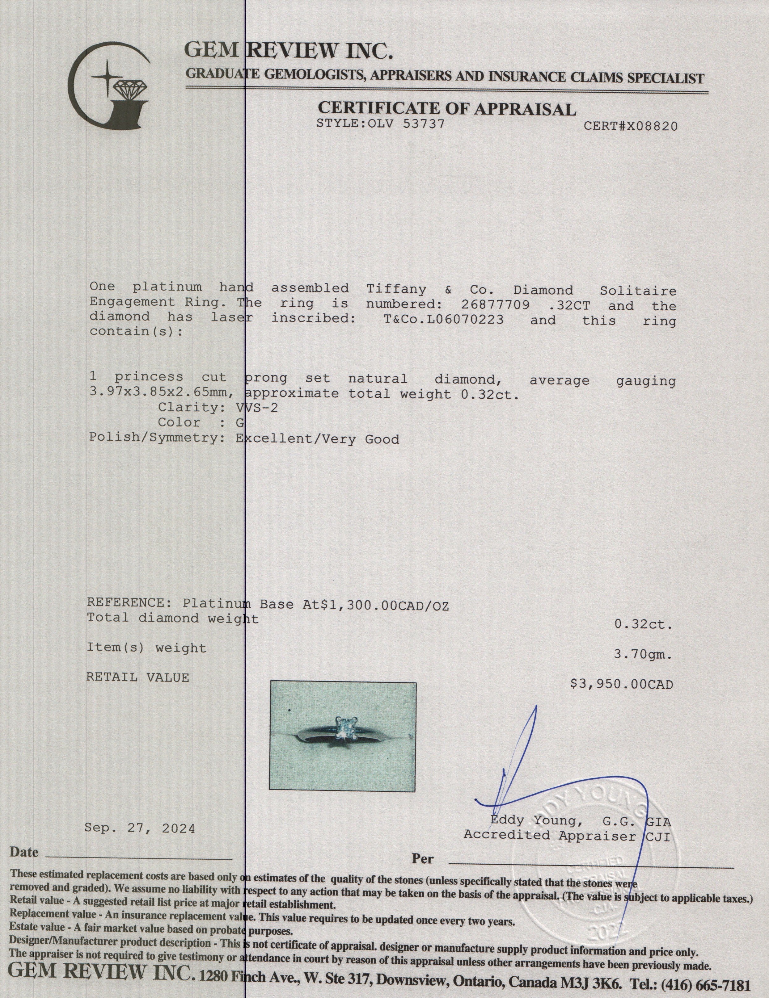 Tiffany & Co. Platinum Princess Cut 0.32 ct. Diamond Solitaire Engagement Ring, Size 6 w/ Box & Papers