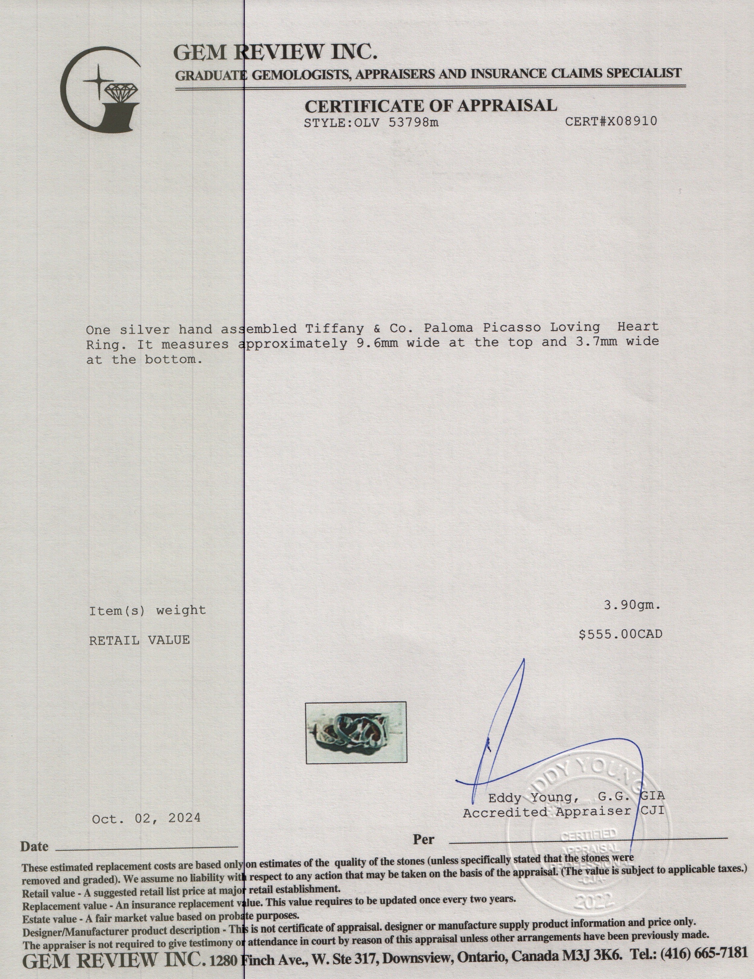 Tiffany & Co. Paloma Picasso Sterling Silver Loving Heart Ring, Size 6.5