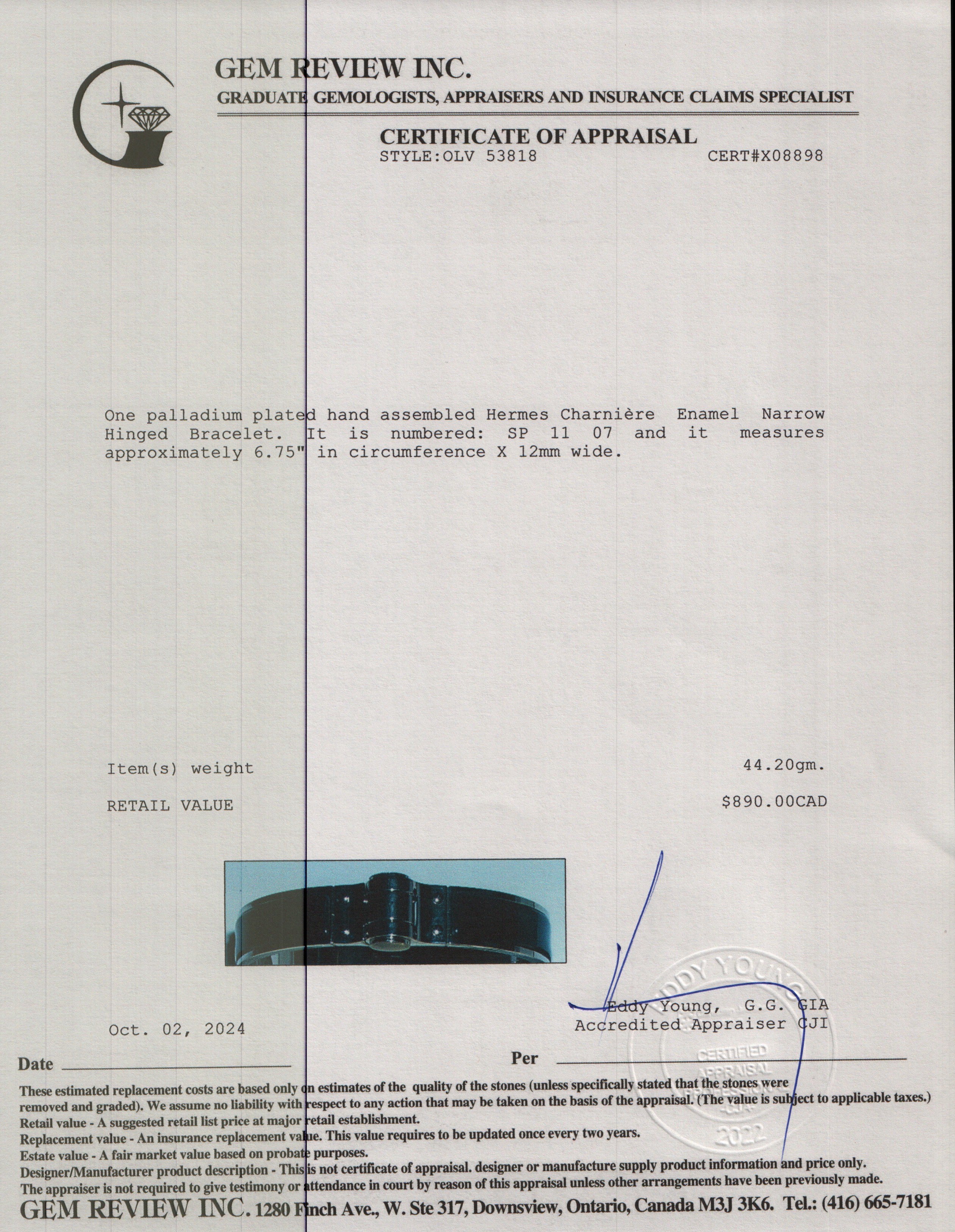 Hermes Palladium Plated Charnière Enamel Narrow Hinged Bracelet w/ Box