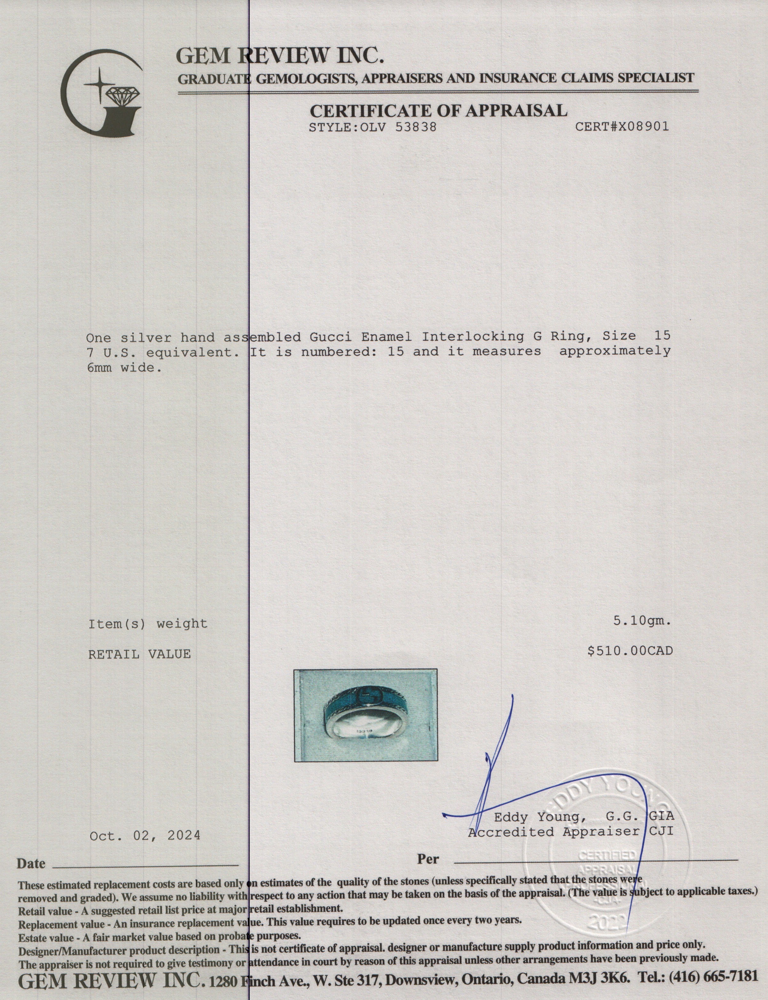 Gucci Sterling Silver Enamel Interlocking G Ring, Size 15 7