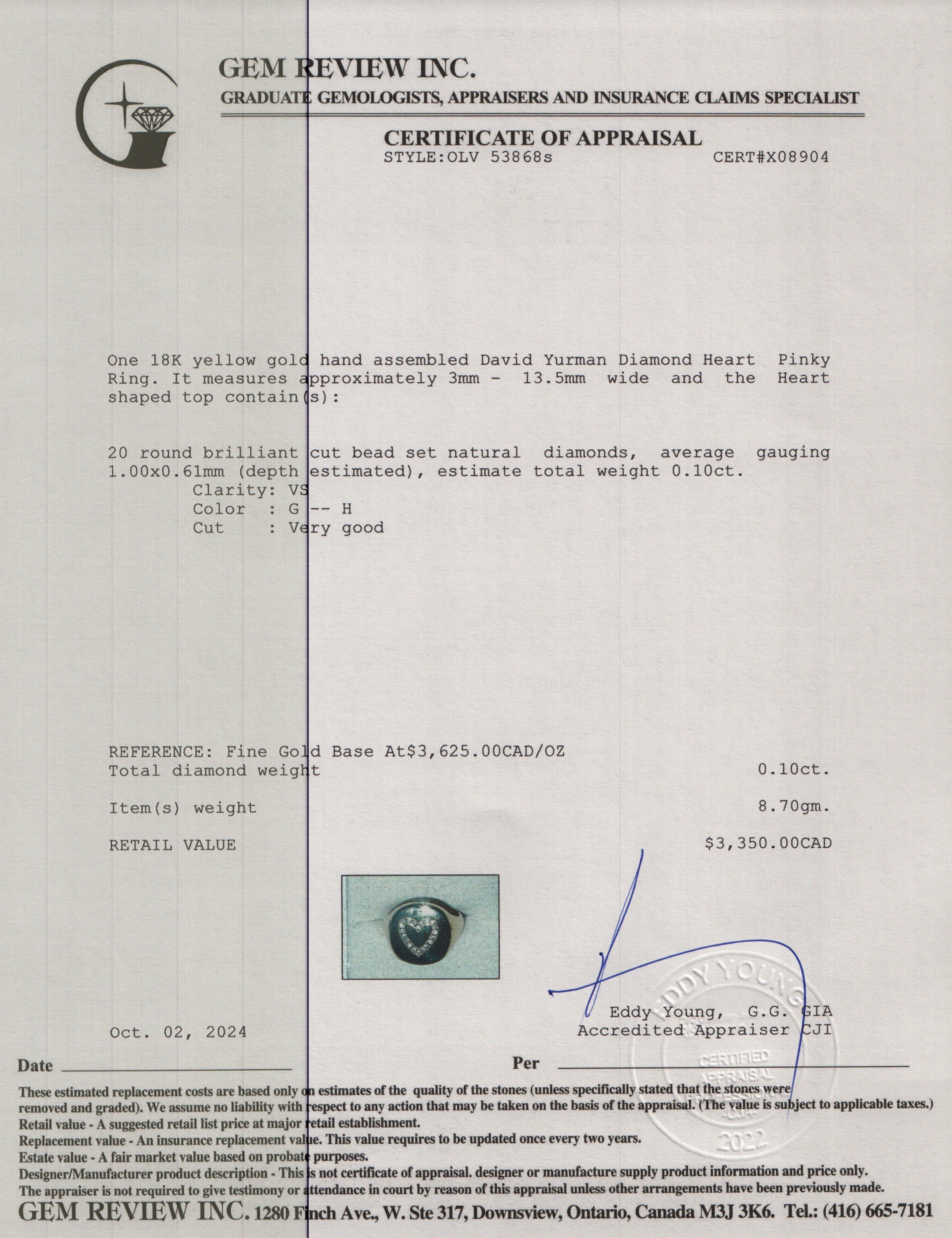 David Yurman 18k Yellow Gold Diamond Heart Pinky Ring, Size 3.5