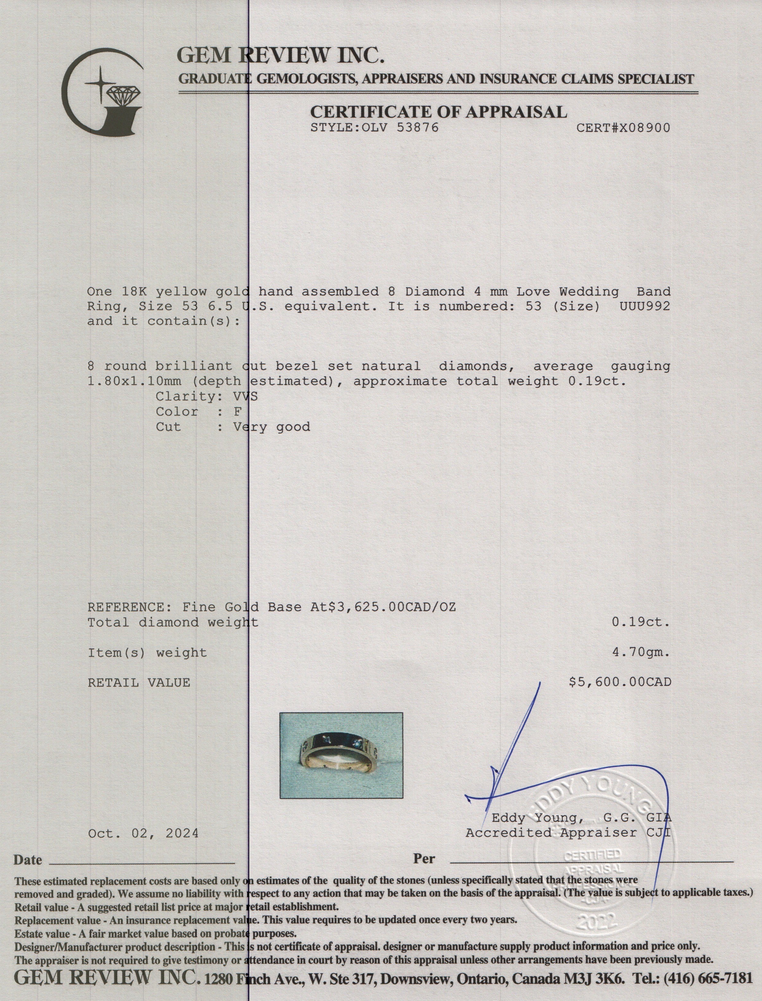 Cartier 2023 18k Yellow Gold 8 Diamond 4 mm Love Wedding Band Ring, Size 53 6.5 w/ Box, Receipt & Certificate
