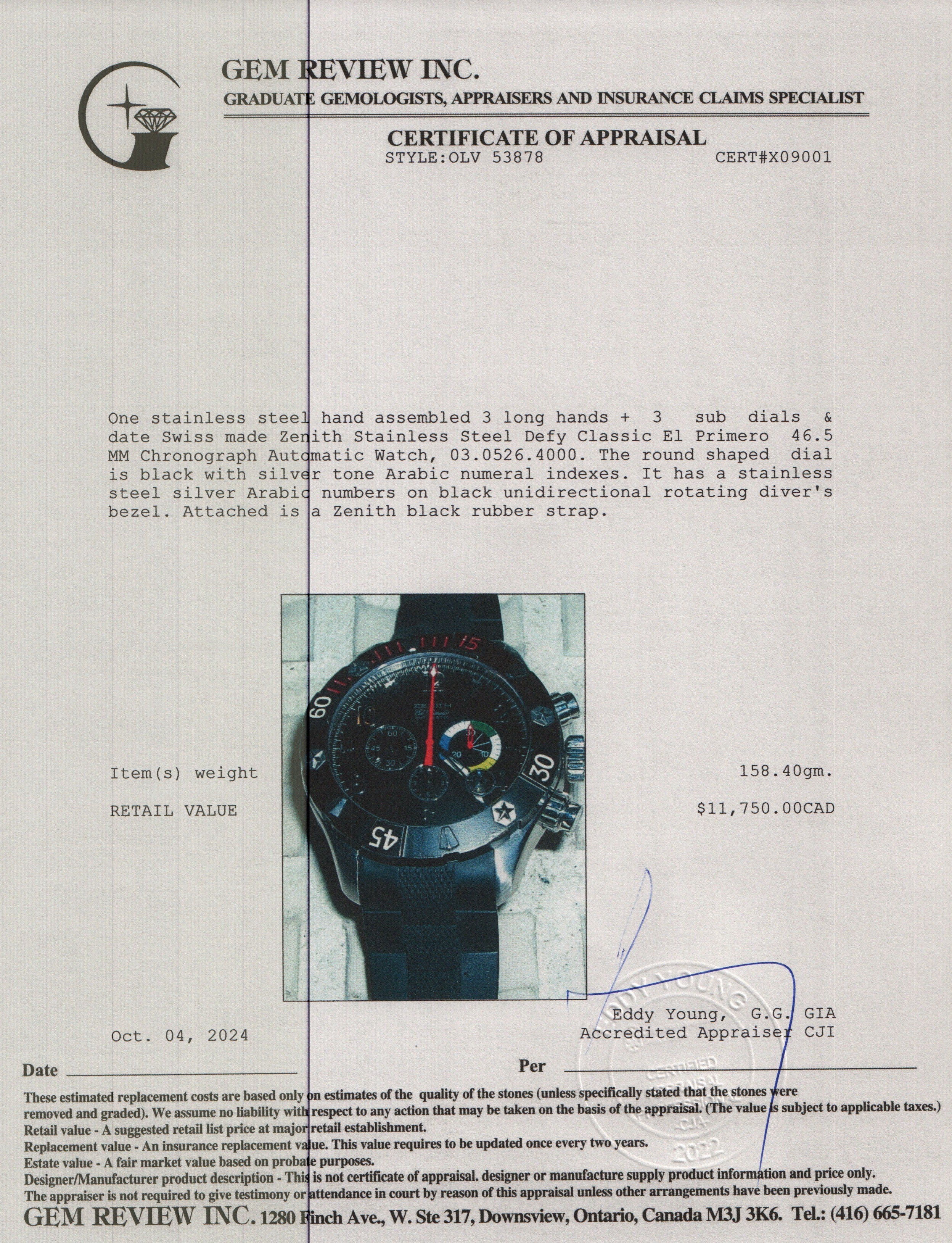 Zenith Stainless Steel Defy Classic El Primero 46.5 MM Chronograph Automatic Watch w/ Box & Papers