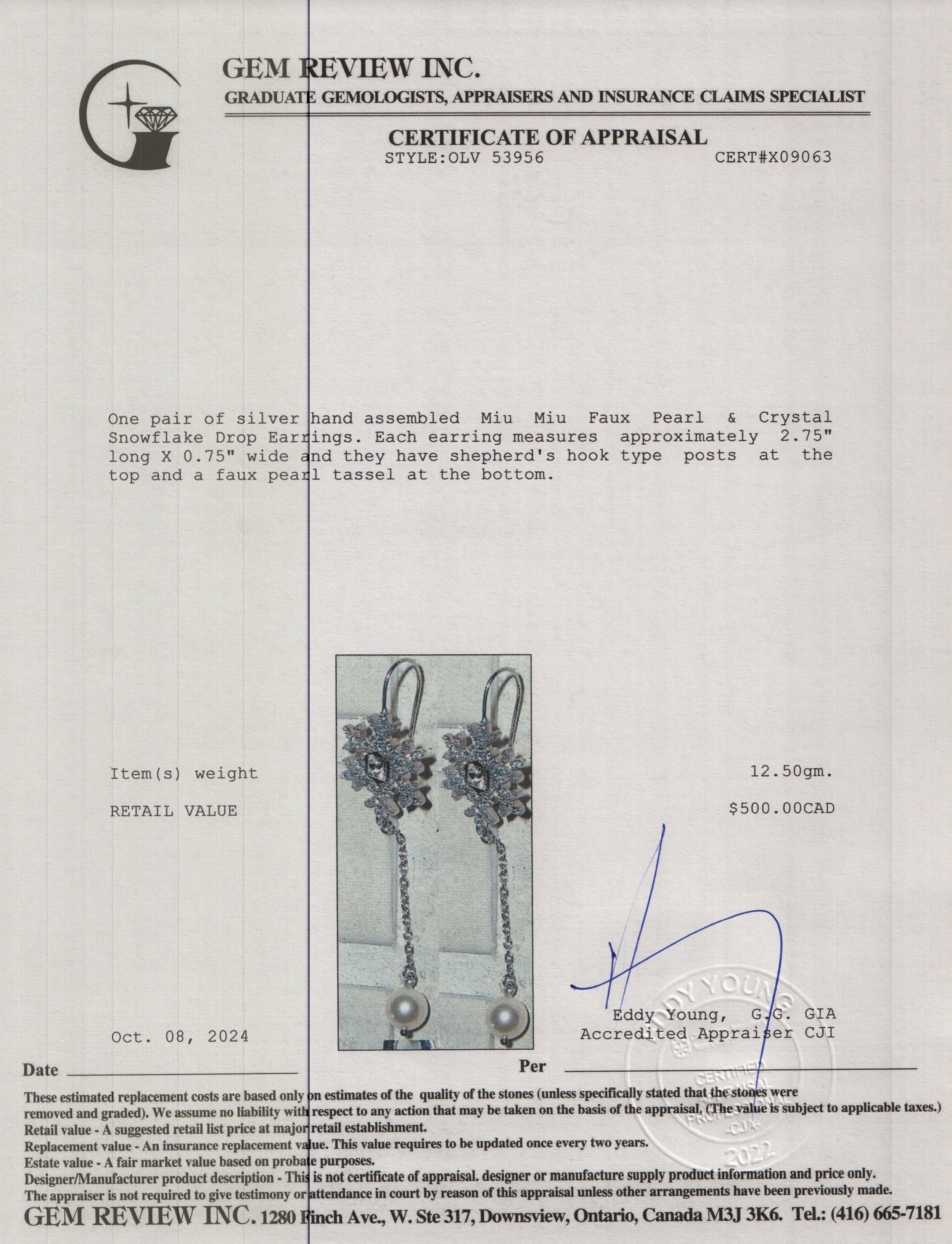 Miu Miu Sterling Silver Faux Pearl & Crystal Snowflake Drop Earrings w/ Box