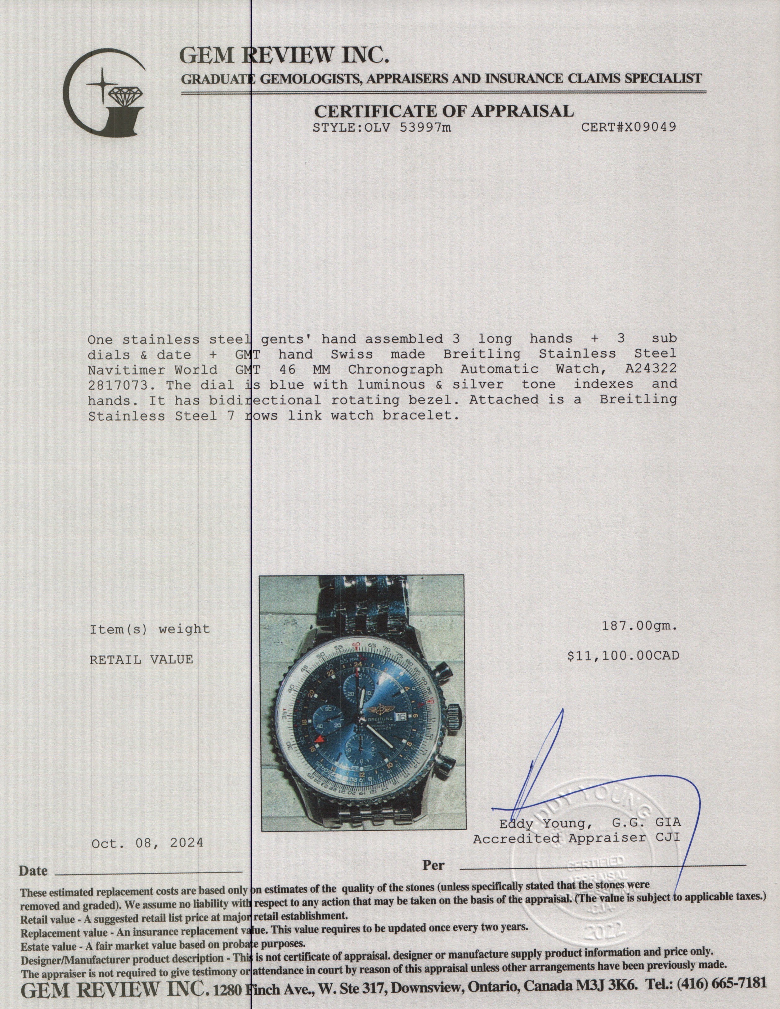 Breitling Stainless Steel Navitimer World GMT 46 MM Chronograph Automatic Watch A24322 w/ Box, Papers & Extra Strap