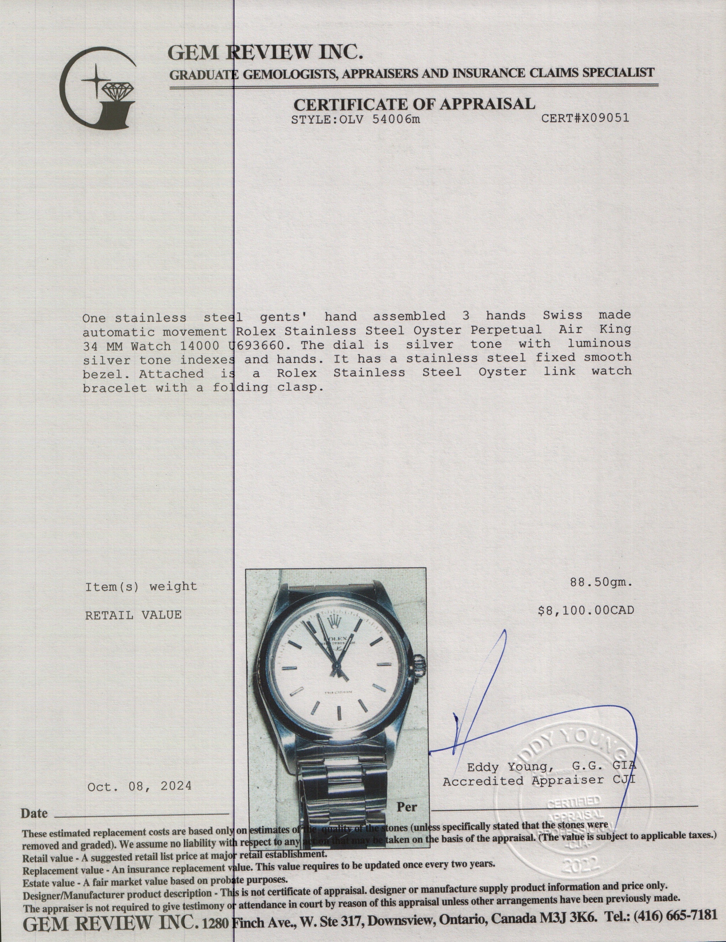 Rolex Stainless Steel Oyster Perpetual Air King 34 MM Watch 14000 w/ Box & Papers