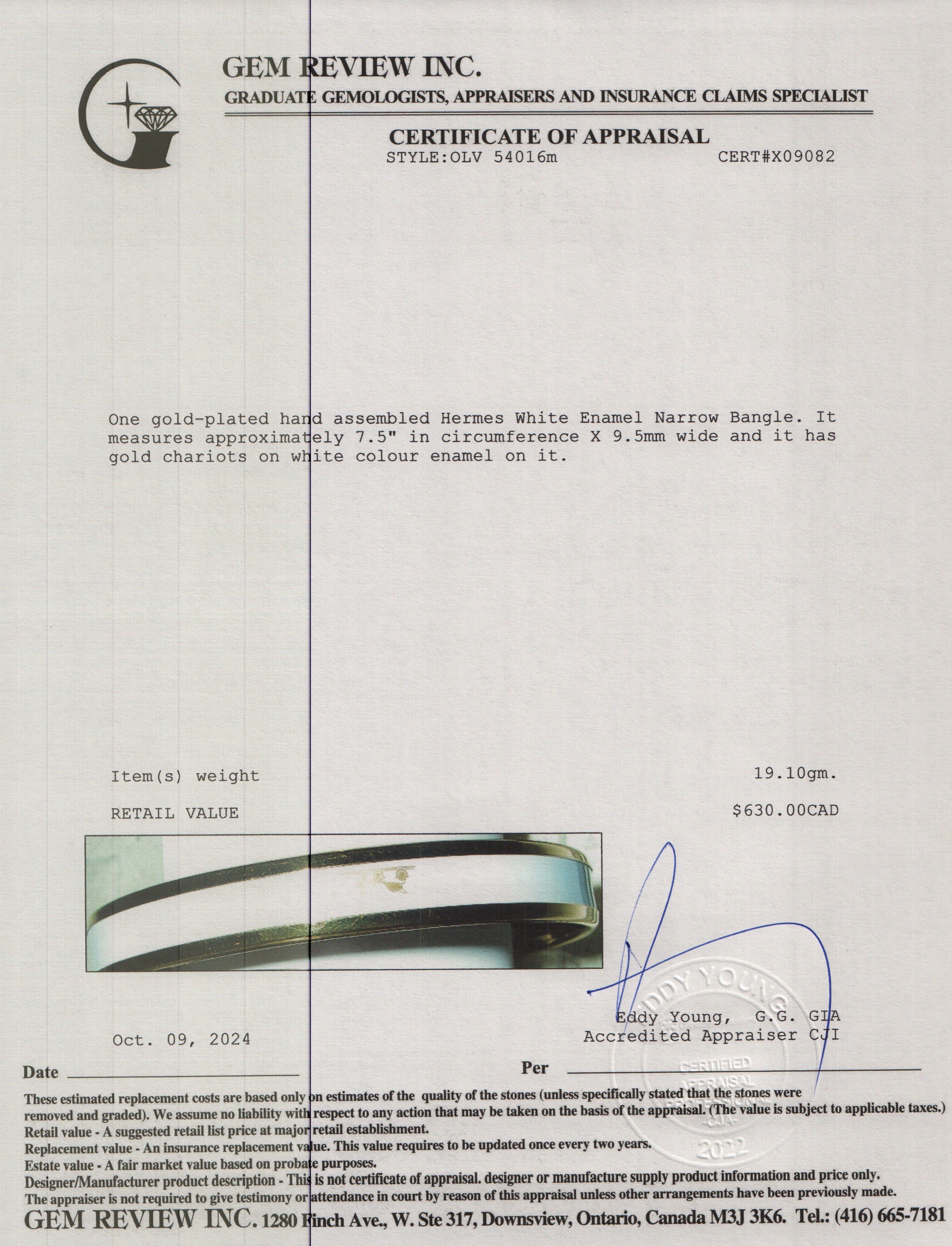 Hermes Gold-Plated White Enamel Narrow Bangle w/ Box