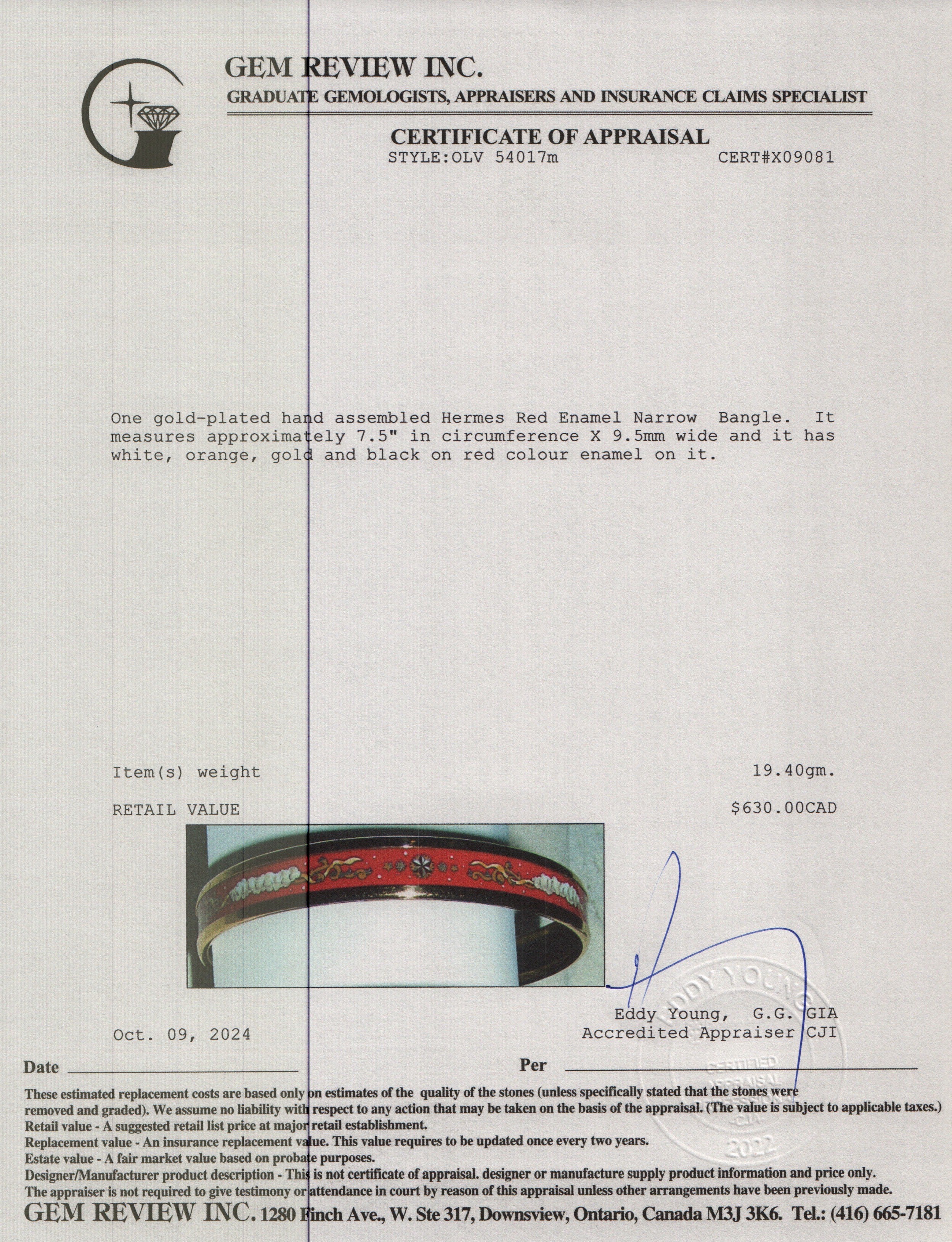 Hermes Gold-Plated Red Enamel Narrow Bangle