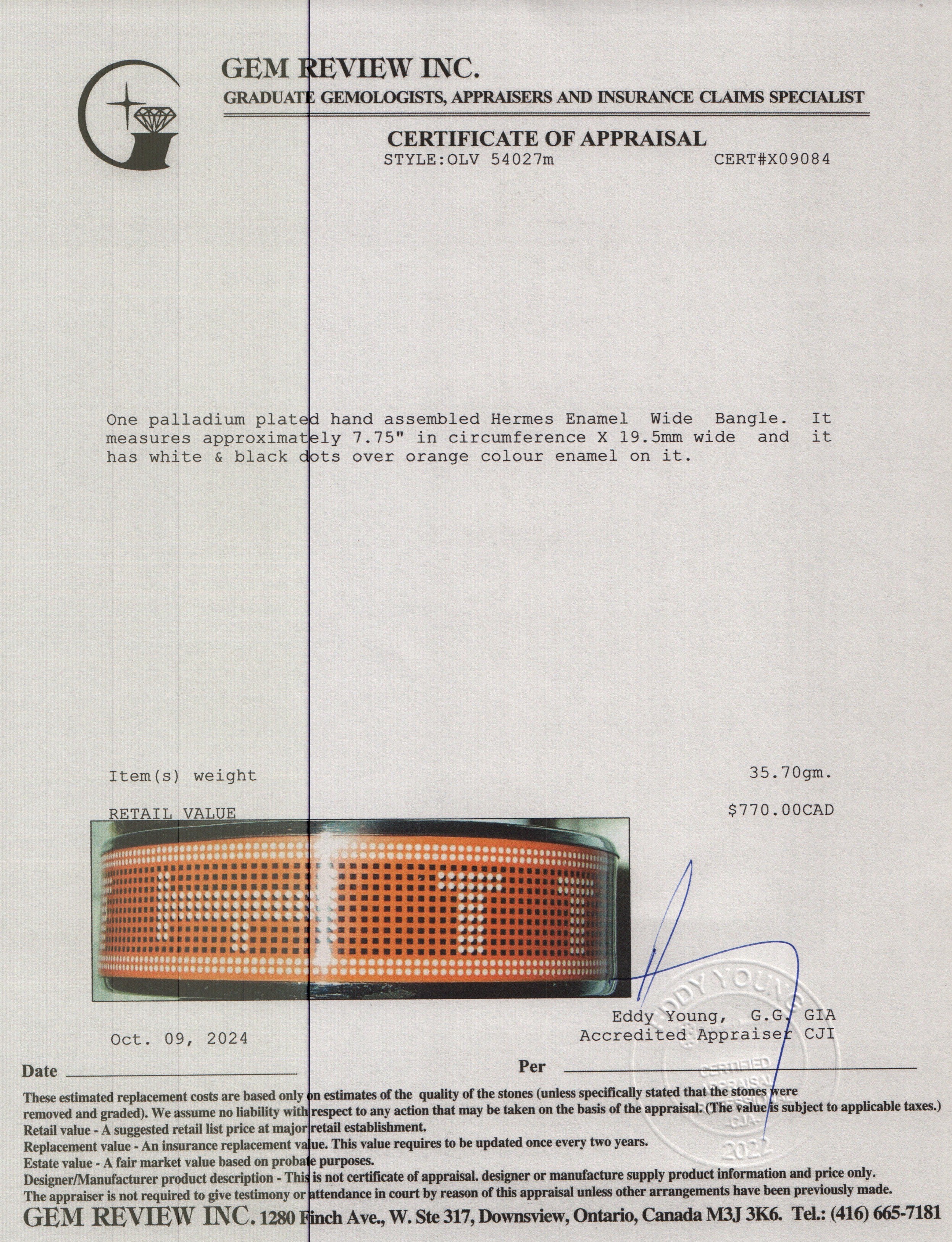 Hermes Palladium-Plated Enamel Wide Bangle w/ Box
