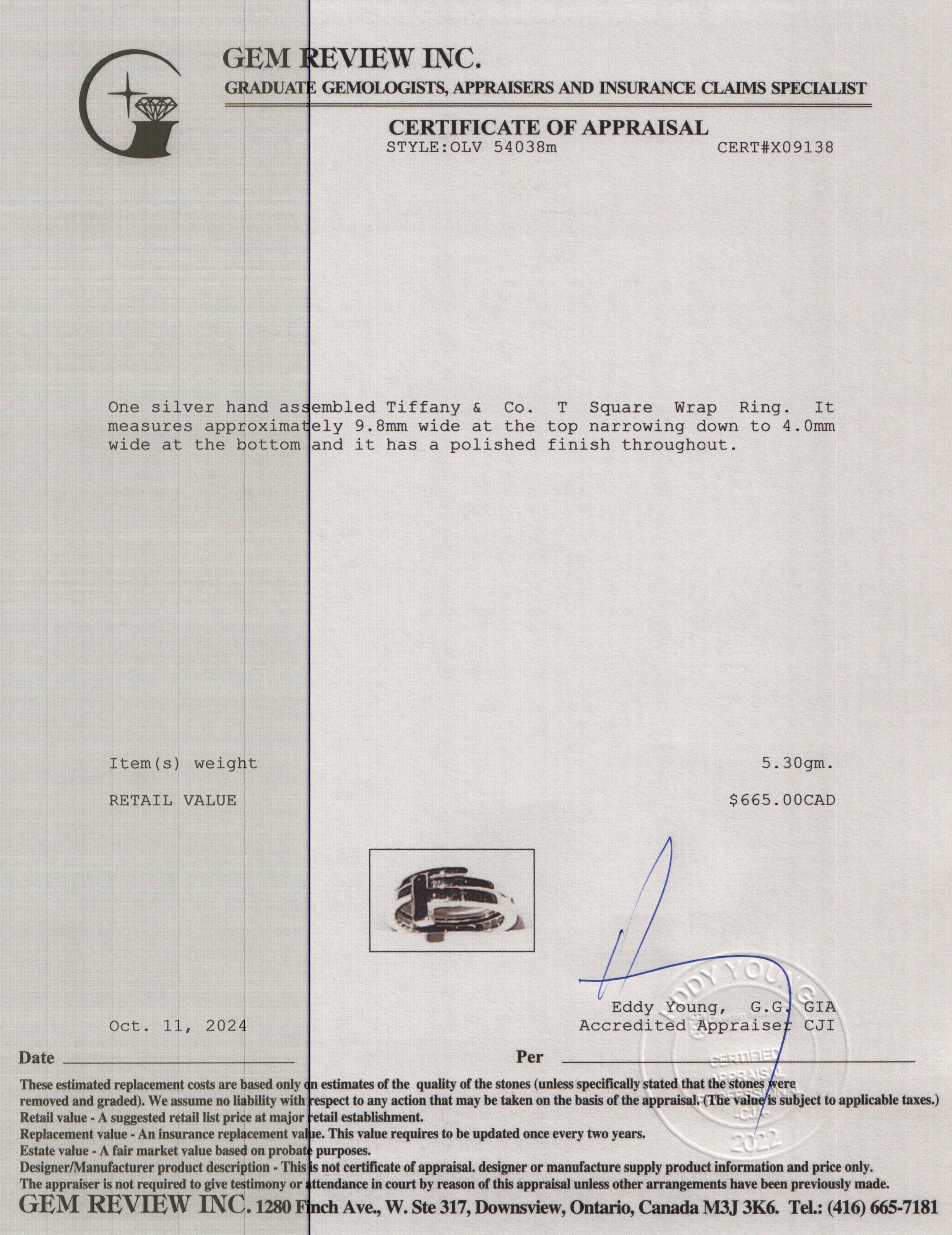 Tiffany & Co. Sterling Silver T Square Wrap Ring, Size 4.75