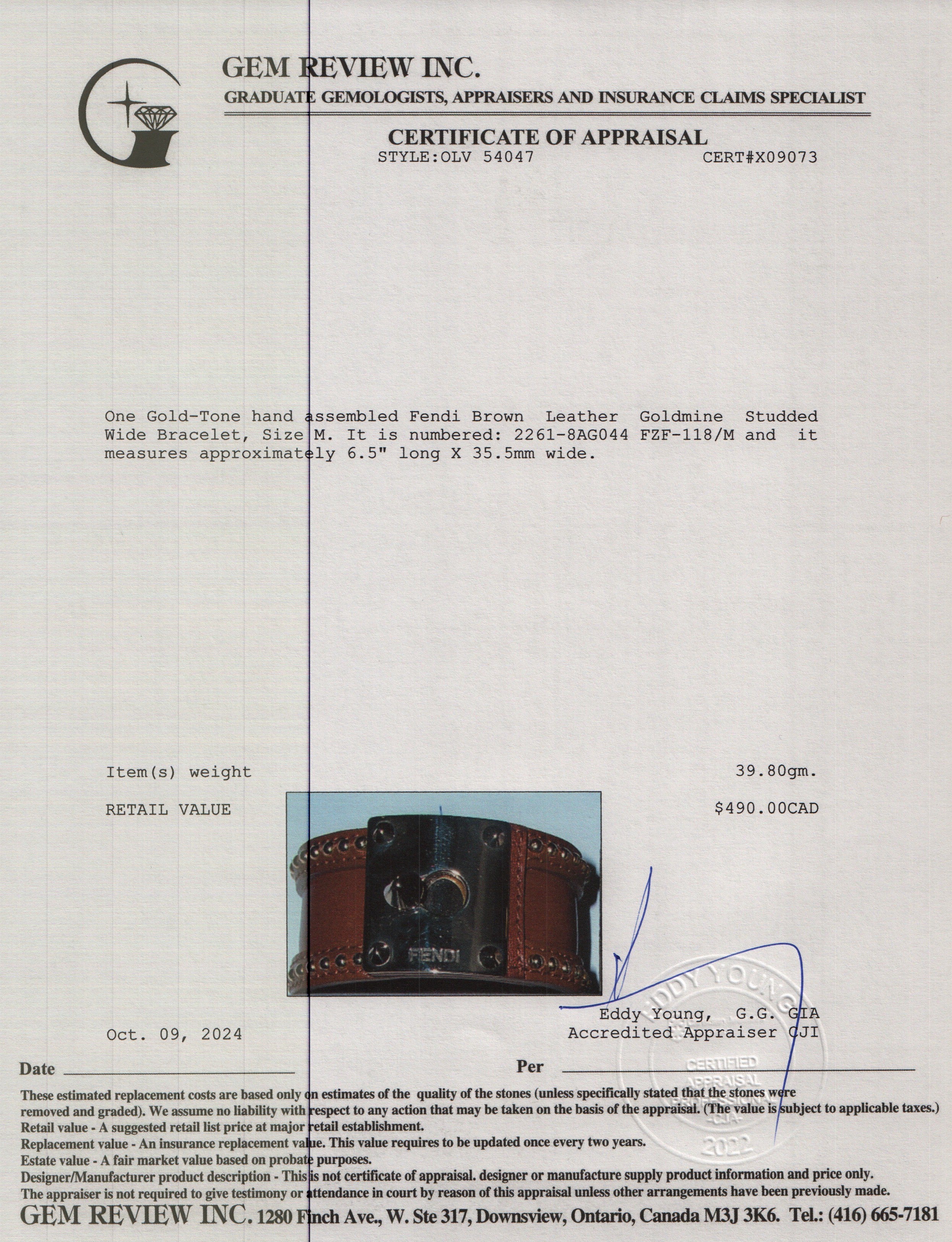 Fendi Gold-Tone Metal Brown Leather Goldmine Studded Wide Bracelet, Size M