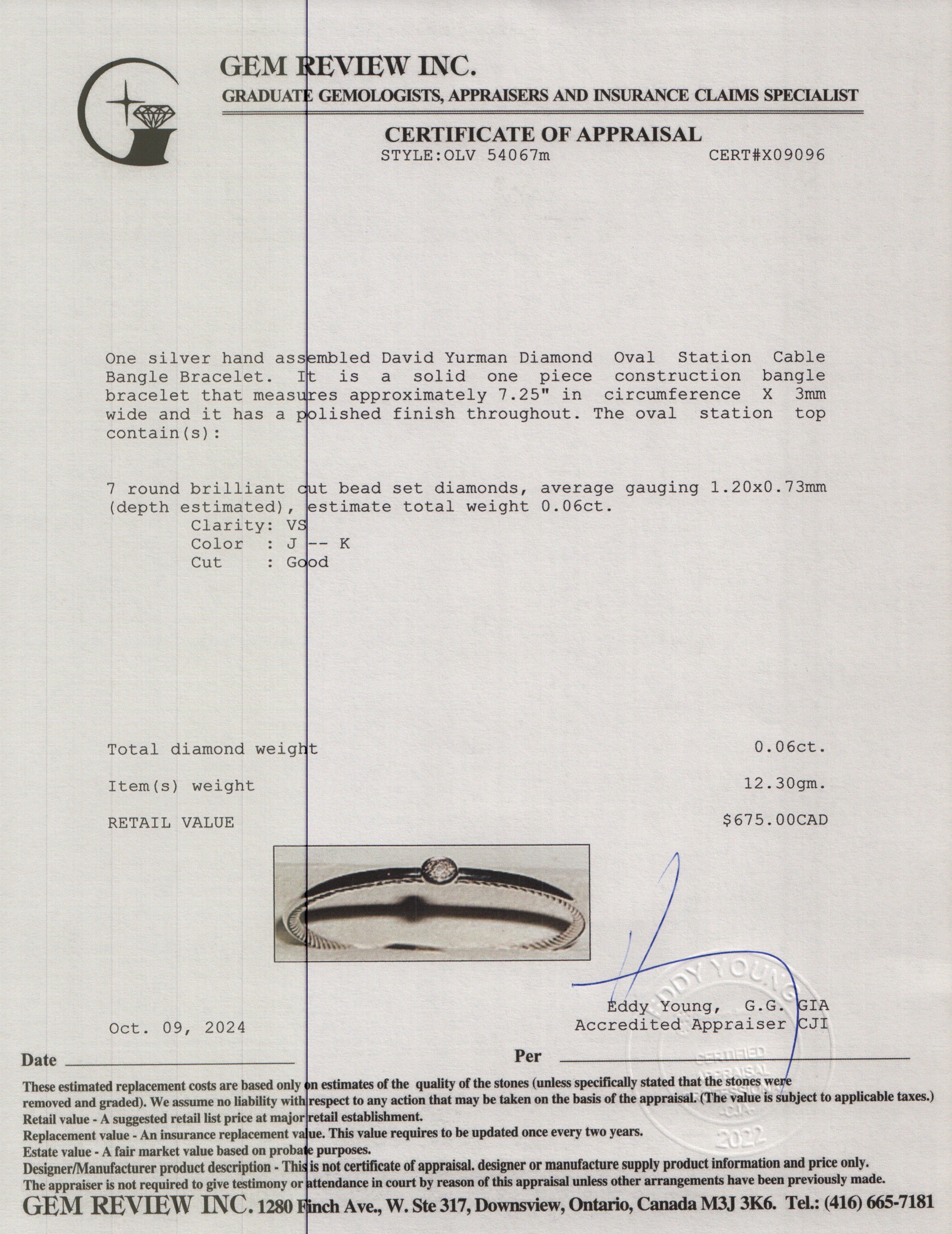 David Yurman Sterling Silver Diamond Oval Station 3 MM Cable Bangle Bracelet