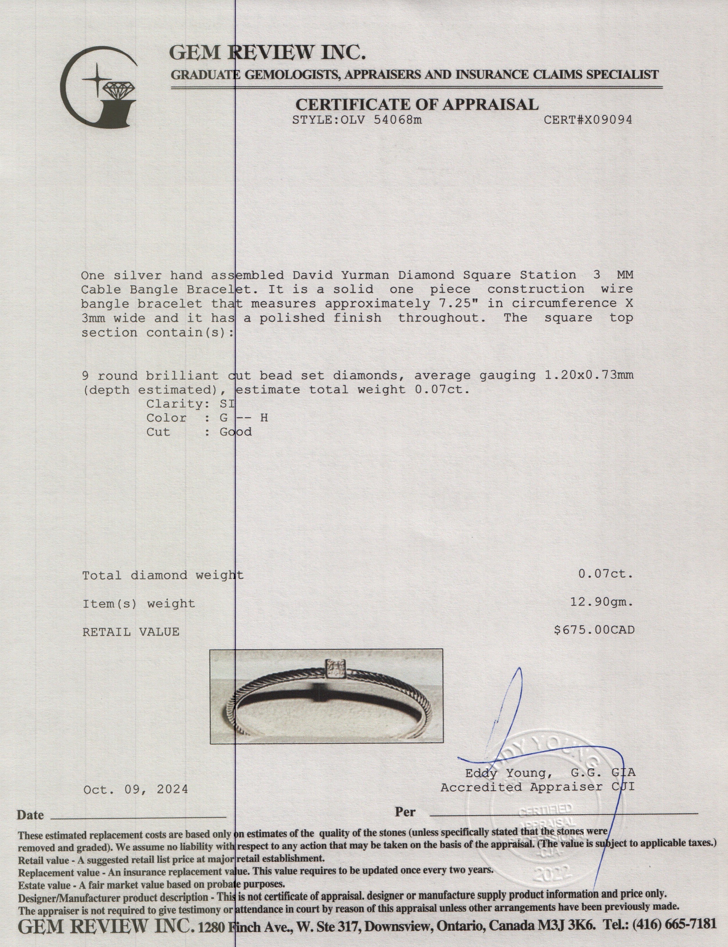 David Yurman Sterling Silver Diamond Square Station 3 MM Cable Bangle Bracelet