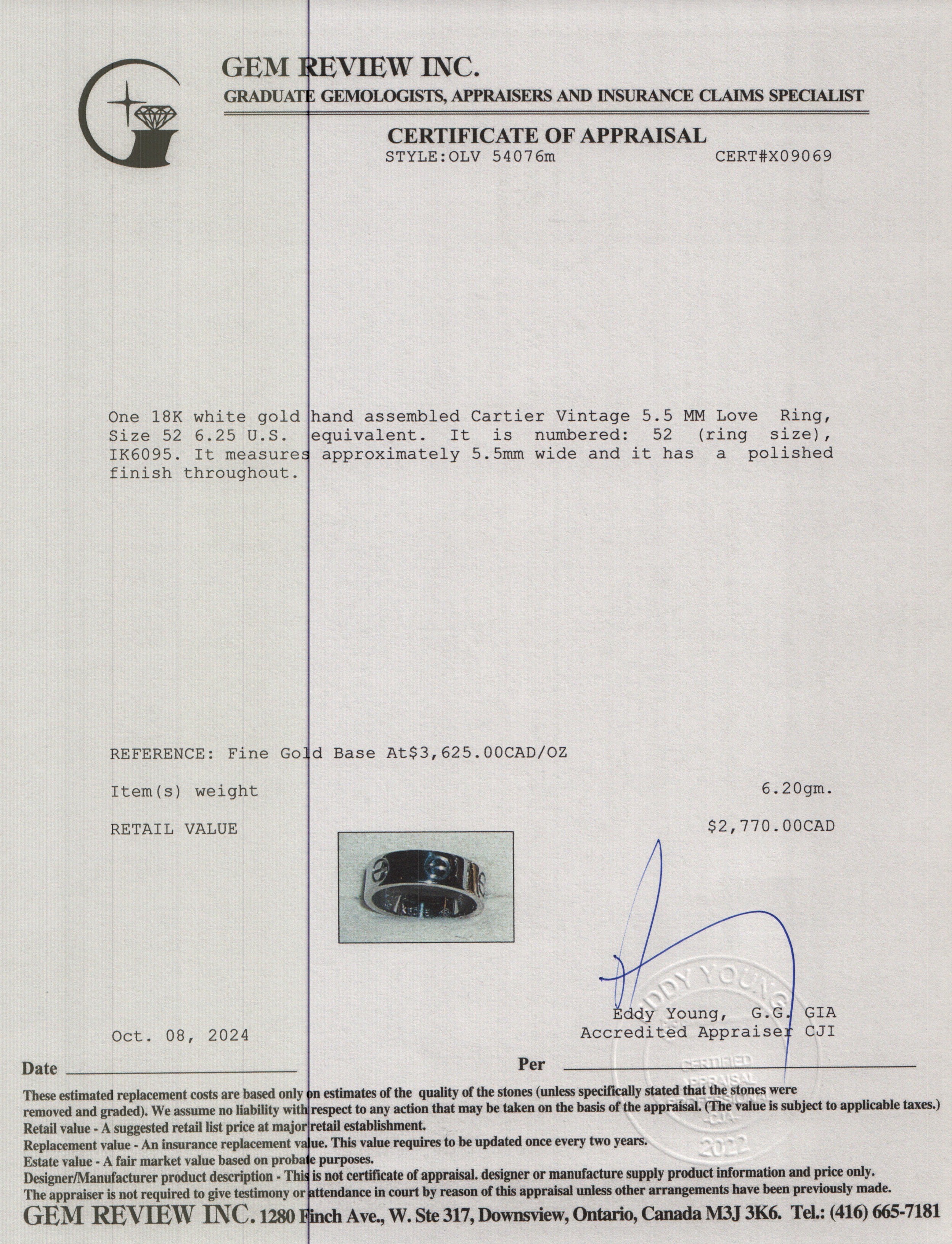 Cartier Vintage 18k White Gold 5.5 MM Love Ring, Size 52 6.25