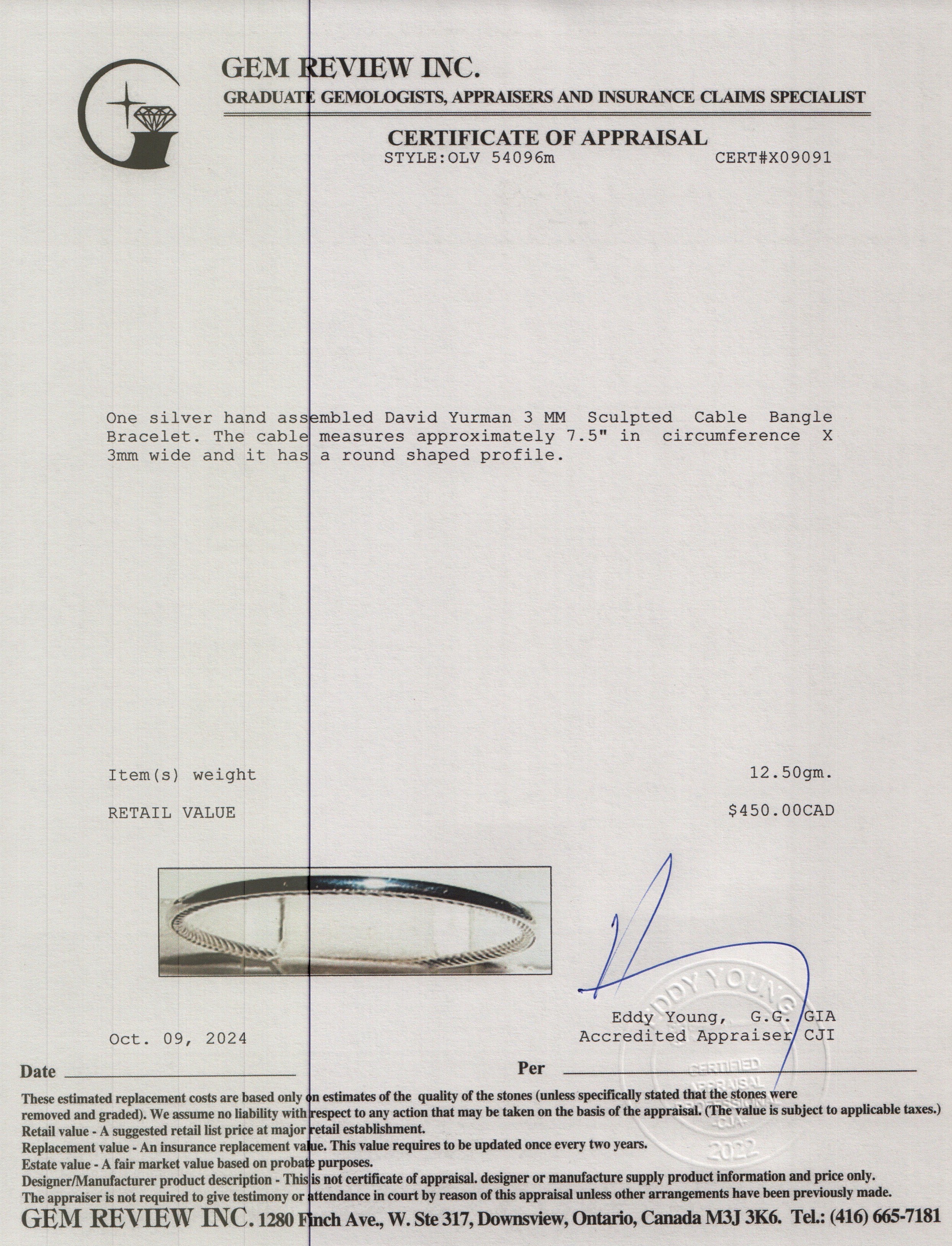 David Yurman Sterling Silver 3 MM Sculpted Cable Bangle Bracelet