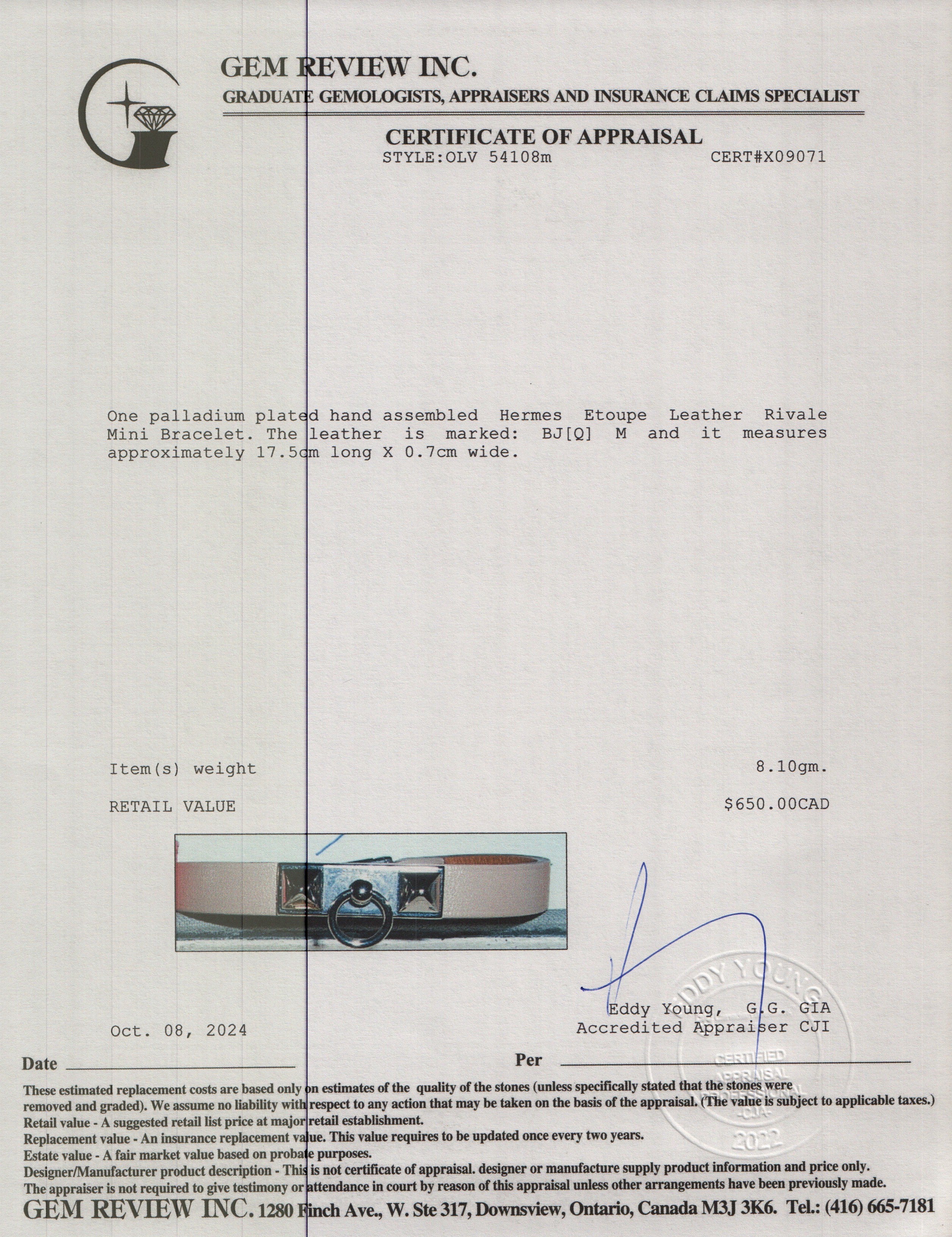 Hermes Palladium Plated Etoupe Leather Rivale Mini Bracelet w/ Box