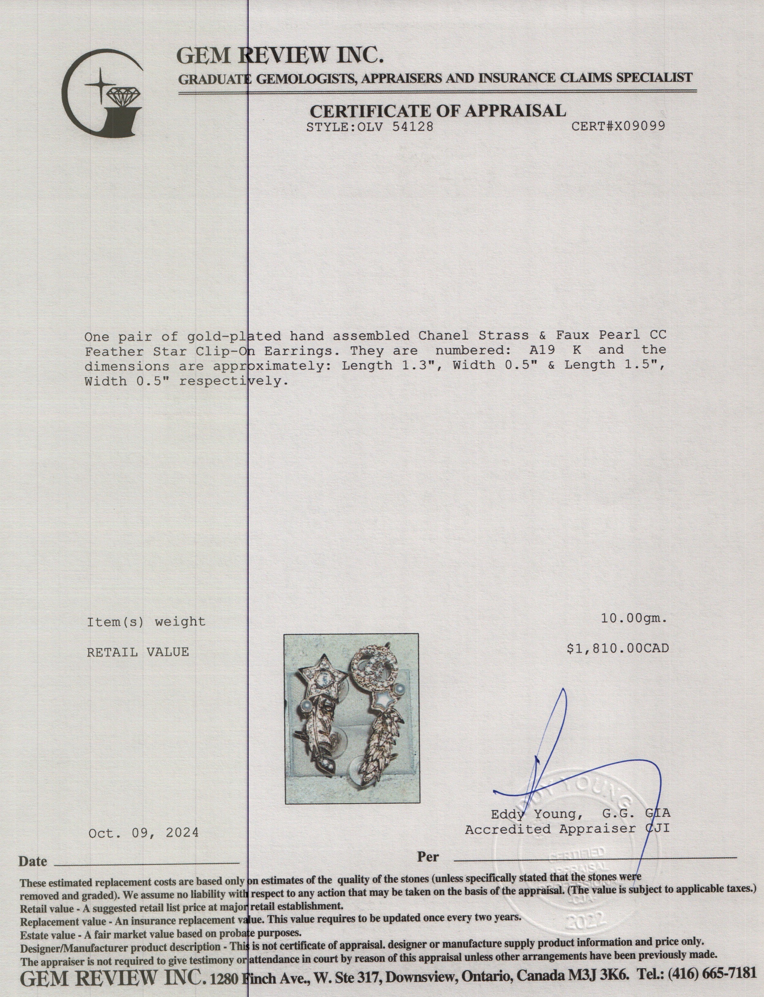 Chanel Gold Plated Strass & Faux Pearl CC Feather Star Clip-On Earrings w/ Box