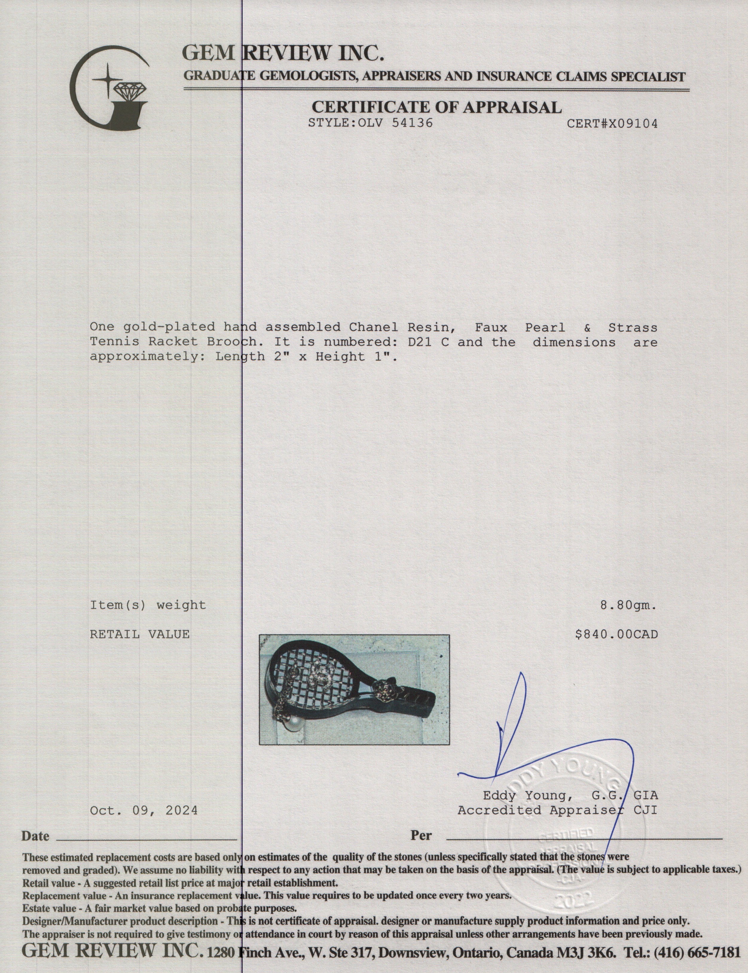 Chanel 2021 Gold Plated Resin, Faux Pearl & Strass Tennis Racket Brooch