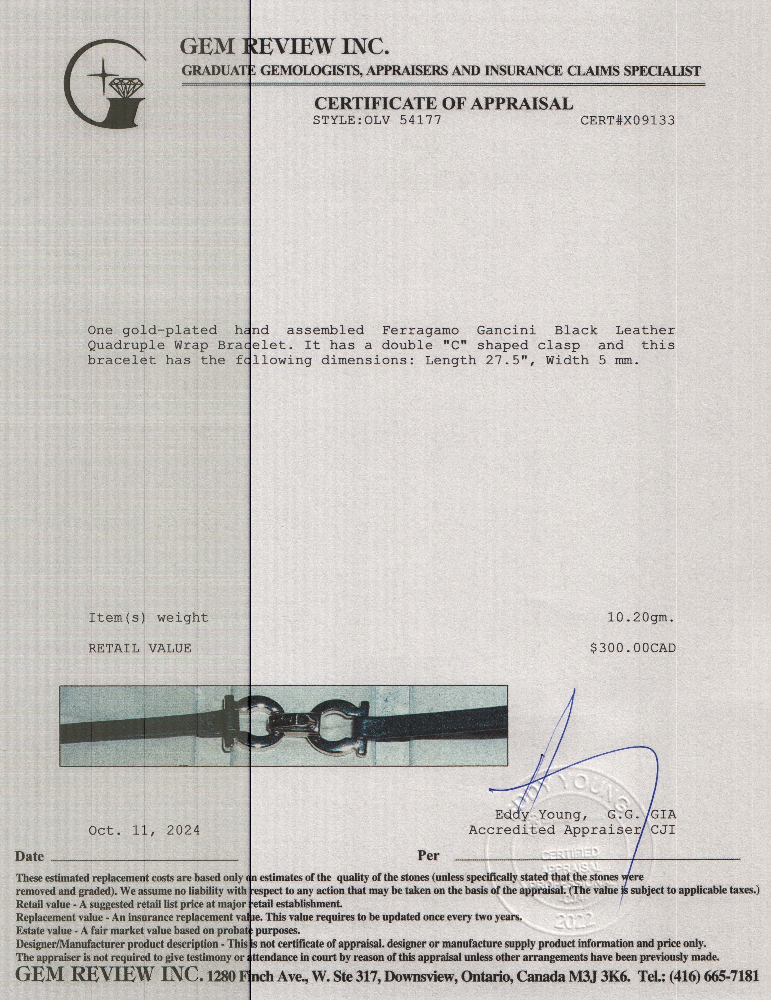 Ferragamo Gold-Plated Gancini Black Leather Quadruple Wrap Bracelet w/ Box