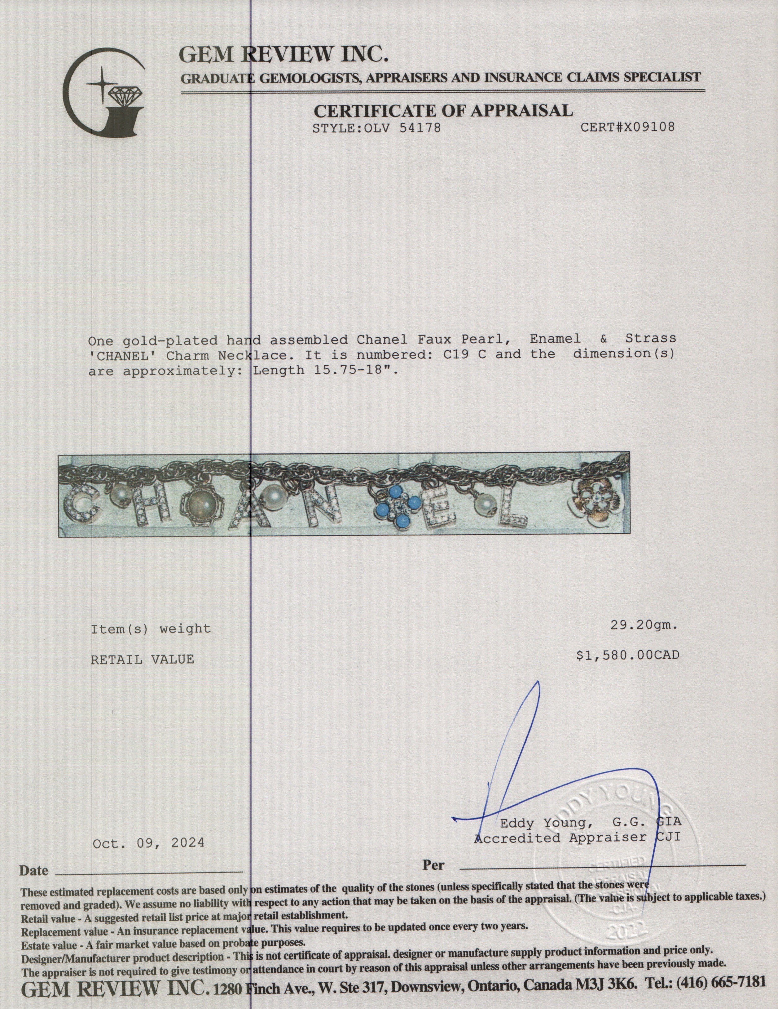 Chanel 2019 Gold-Plated Faux Pearl, Enamel & Strass 'CHANEL' Charm Necklace