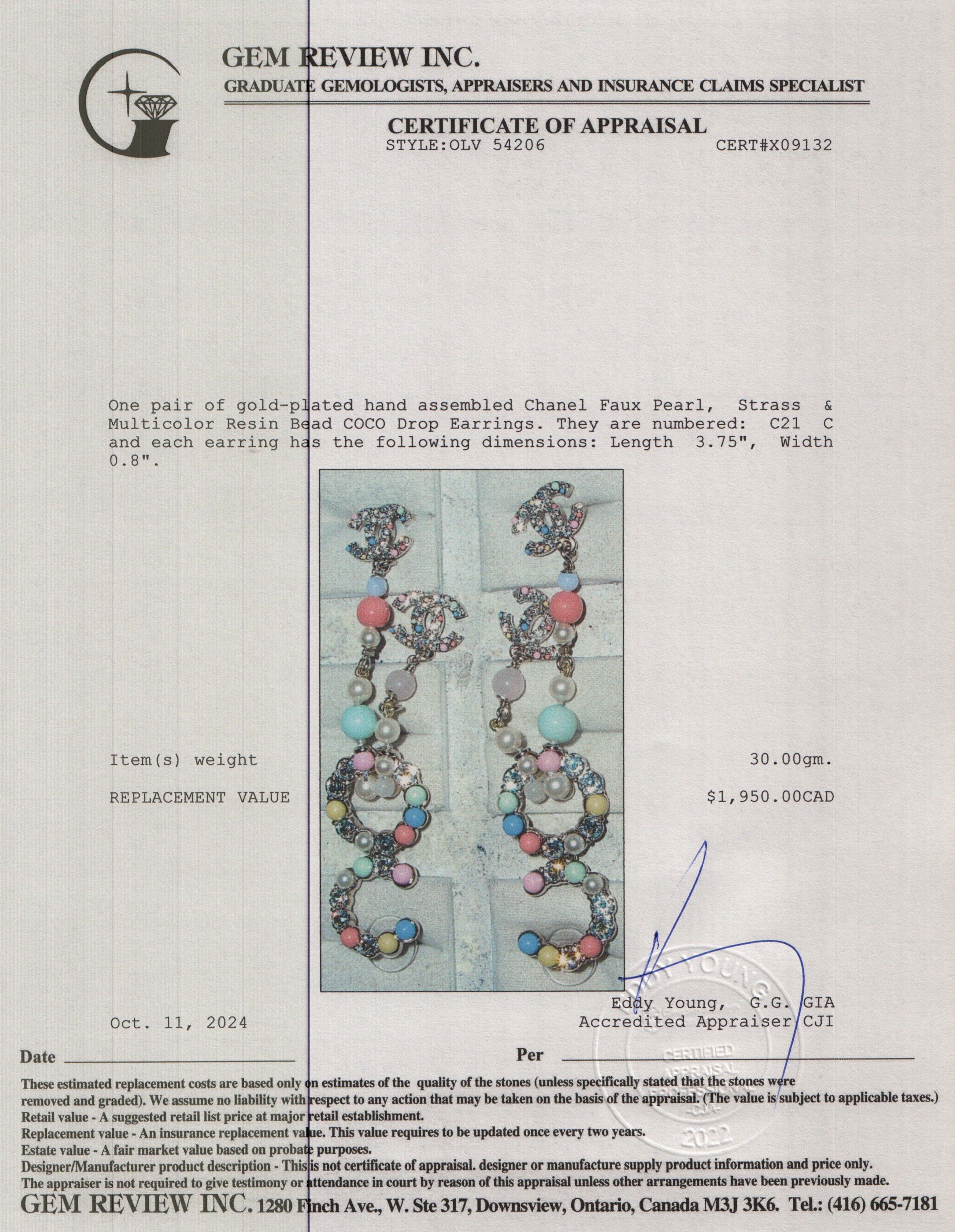 Chanel 2021 Gold Plated Faux Pearl, Strass & Multicolor Resin Bead COCO Drop Earrings w/ Box