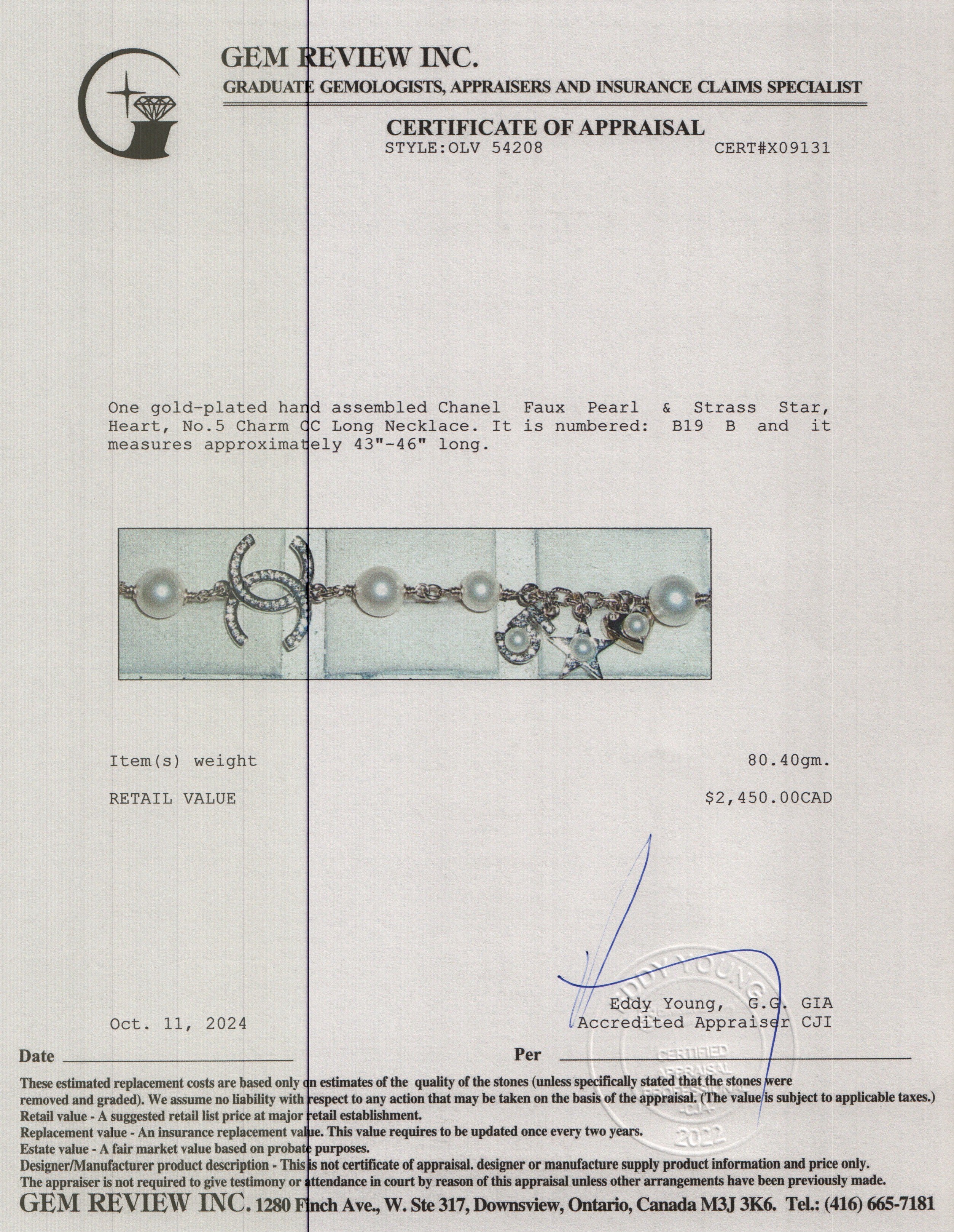 Chanel 2019 Gold-Plated Faux Pearl & Strass Star, Heart, No.5 Charm CC Long Necklace w/ Pouch