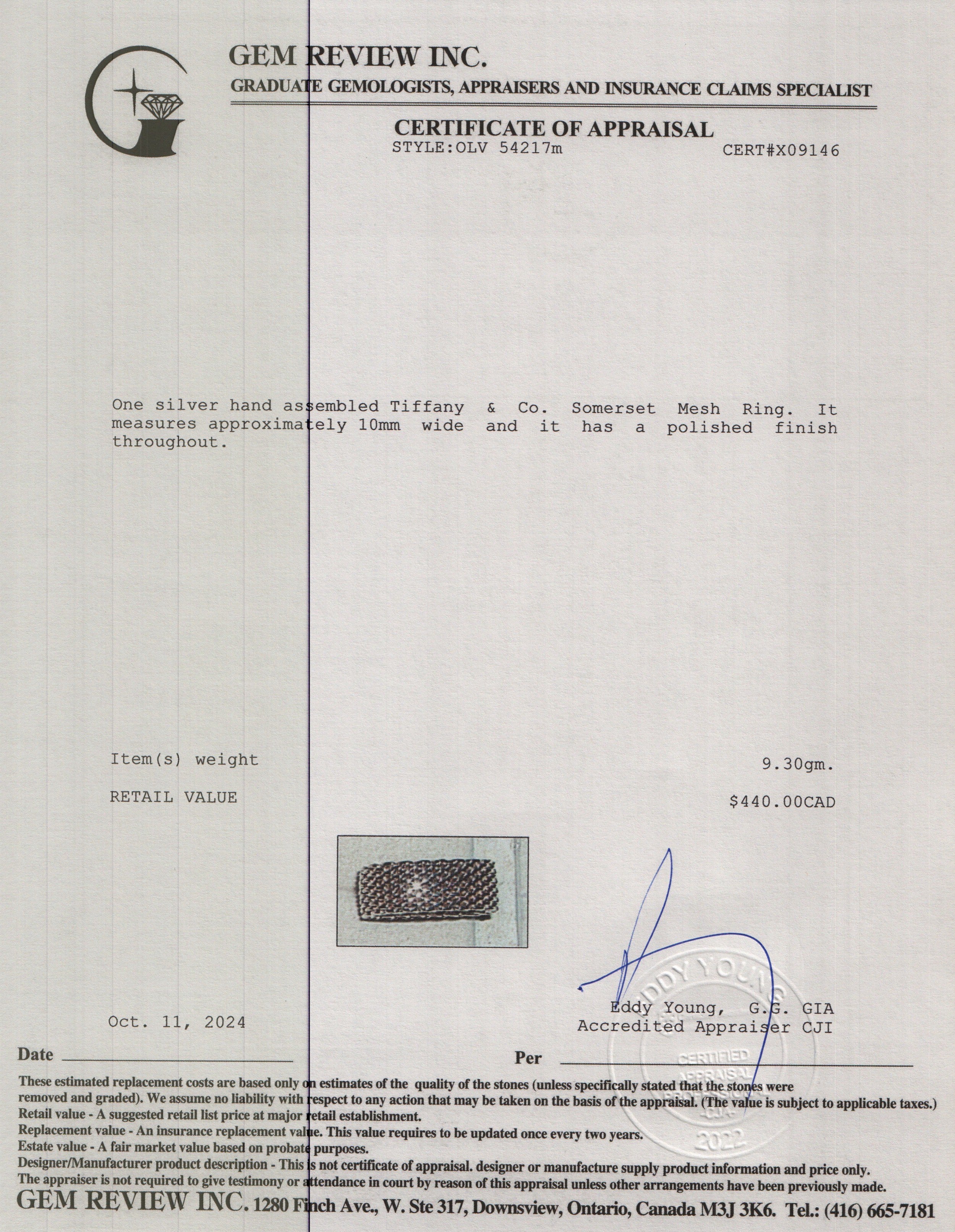 Tiffany & Co. Sterling Silver Somerset Mesh Ring, Size 8