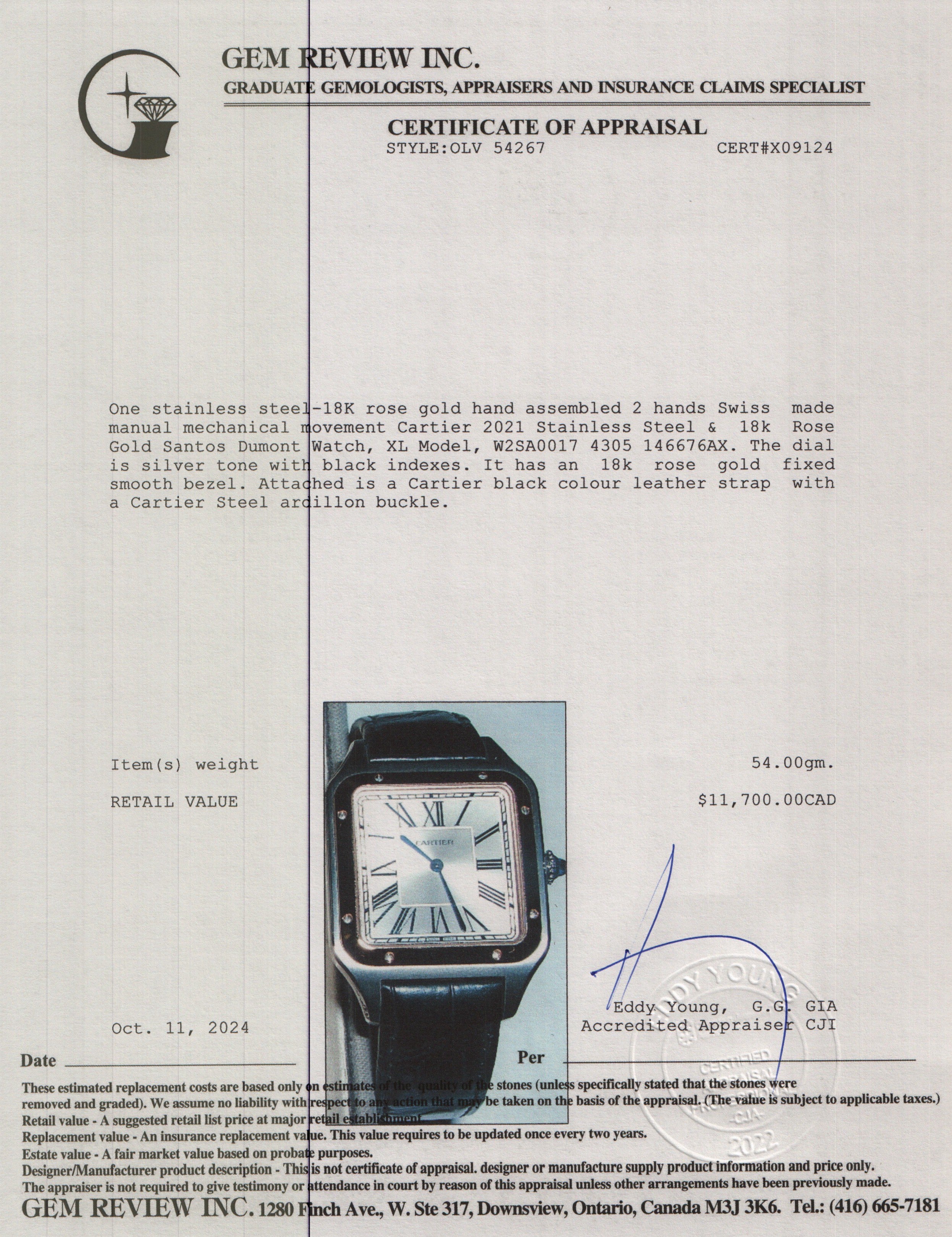 Cartier 2021 Stainless Steel & 18k Rose Gold Santos Dumont Watch, XL Model 4305 w/ Card