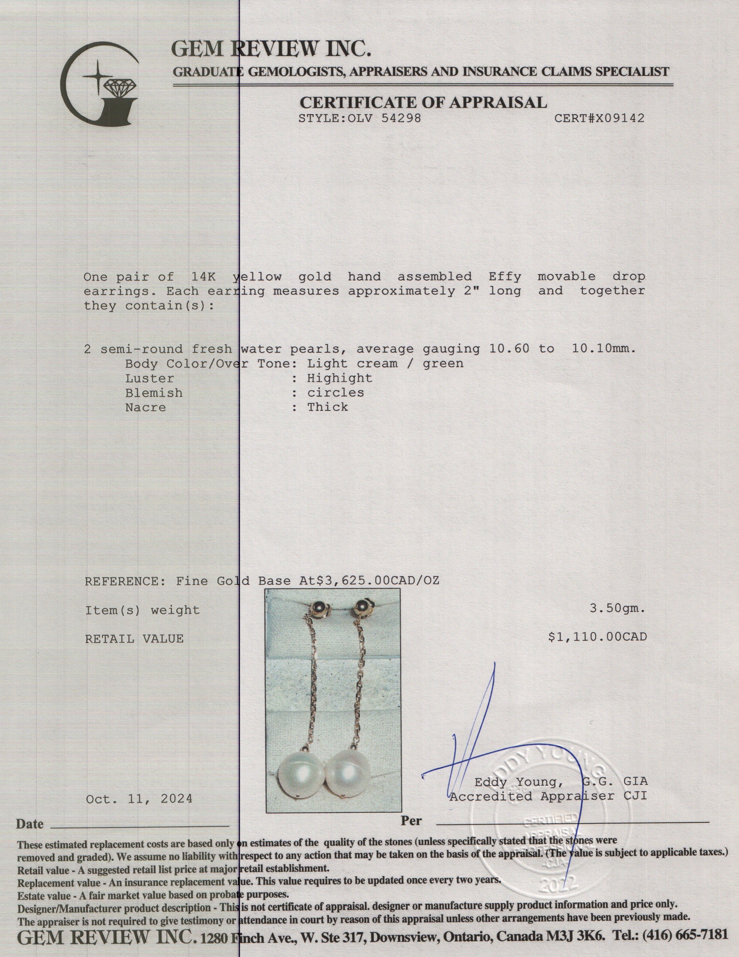 Effy 14k Yellow Gold Pearl Drop Earrings w/ Box