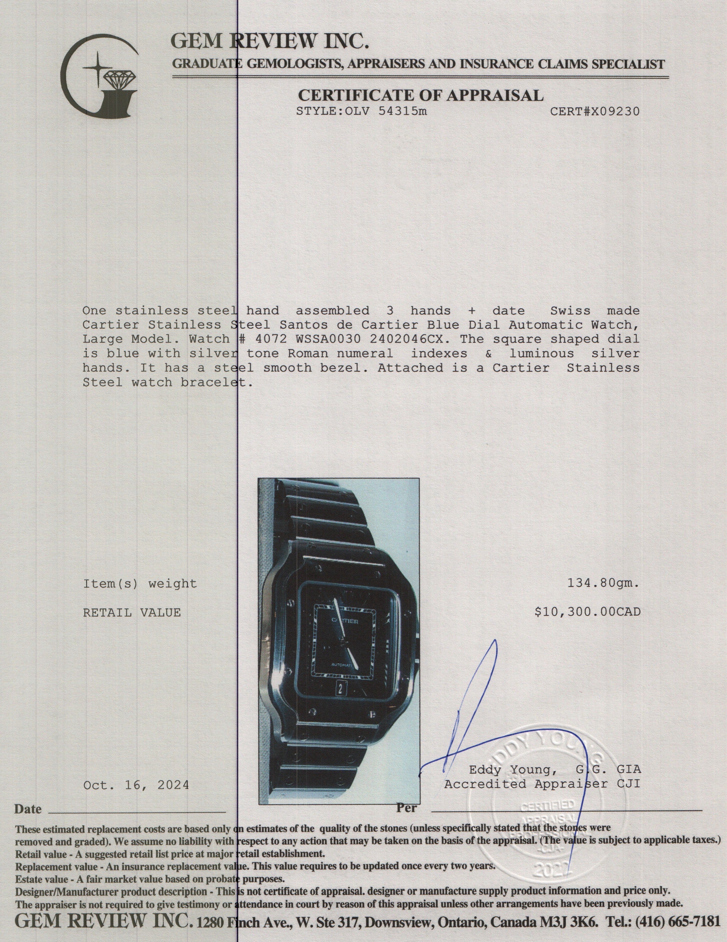 Cartier 2022 Stainless Steel Santos de Cartier Blue Dial Automatic Watch, Large Model 4072 w/ Box, Papers & Extra Strap