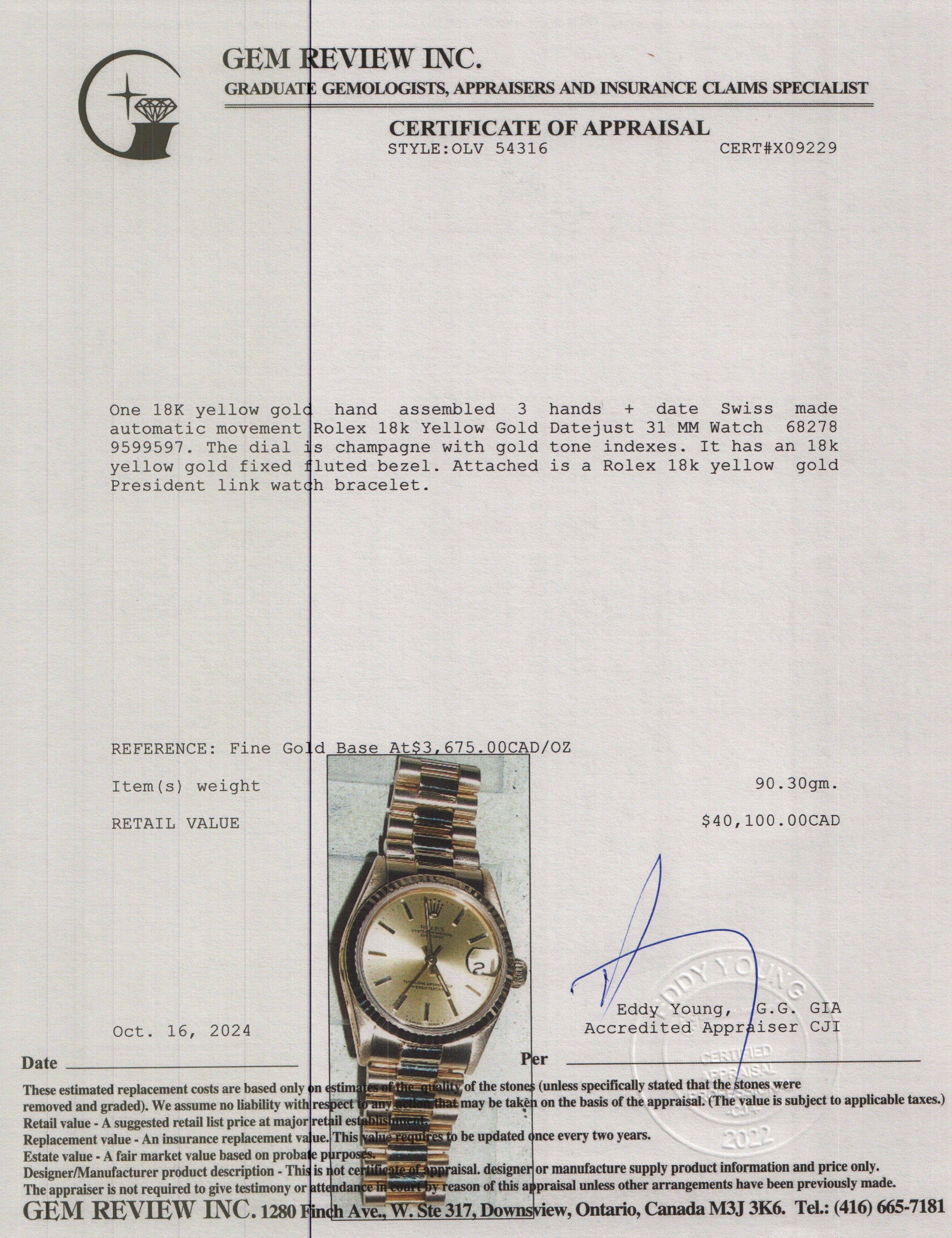 Rolex 18k Yellow Gold Datejust 31 MM Watch 68278