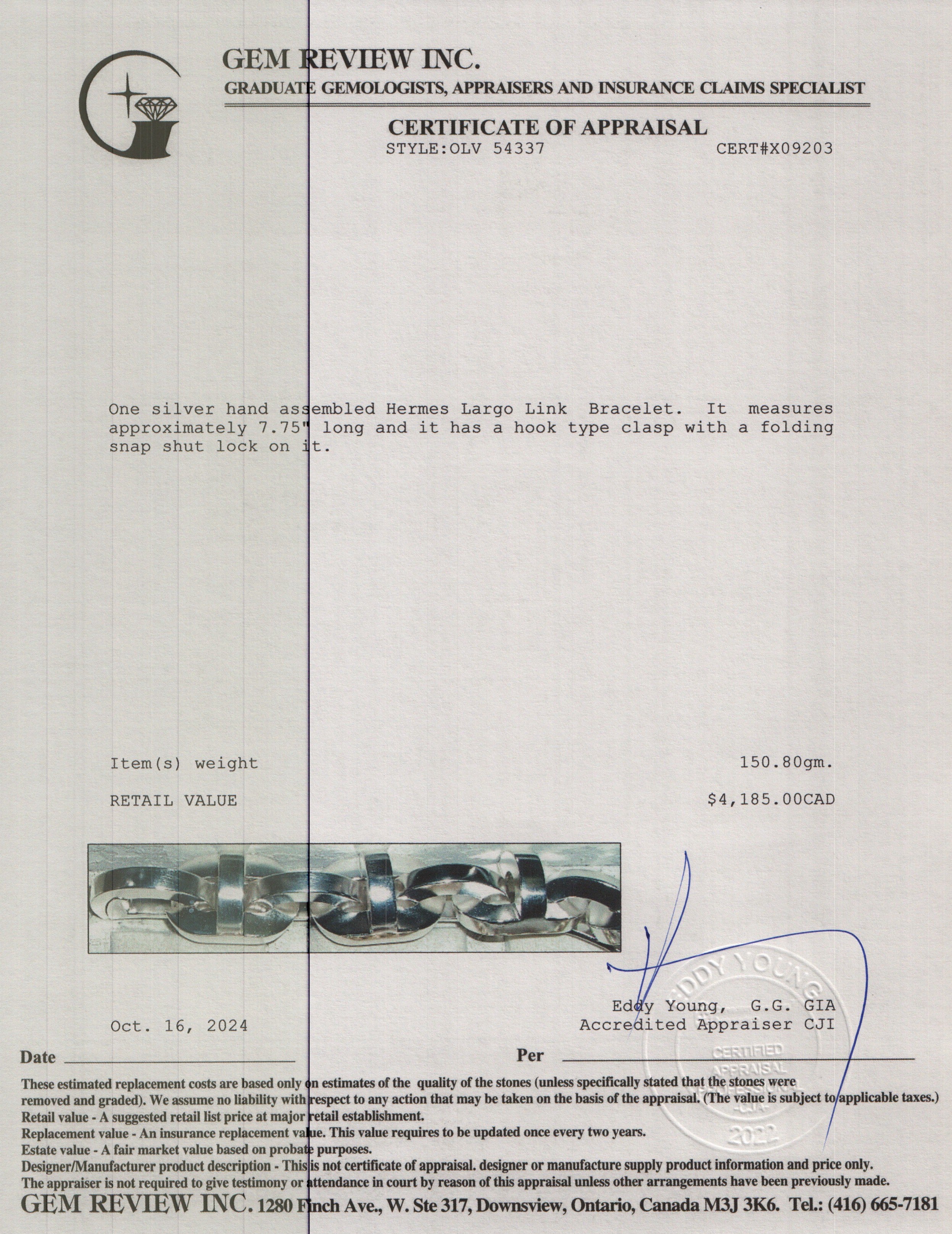 Hermes Sterling Silver Largo Link Bracelet w/ Box