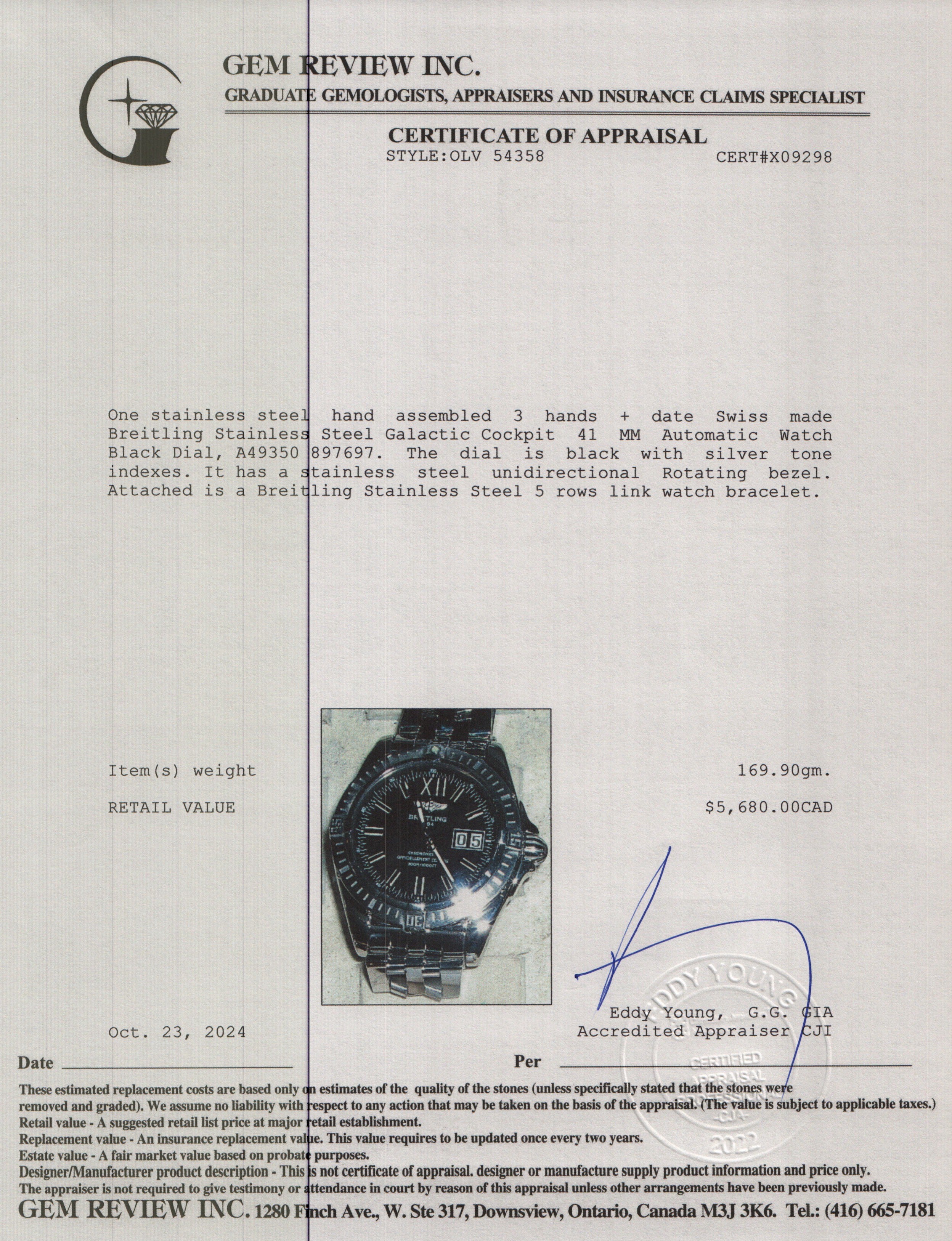 Breitling Stainless Steel Galactic Cockpit 41 MM Automatic Watch Black Dial A49350 w/ Box, Papers & Extra Strap