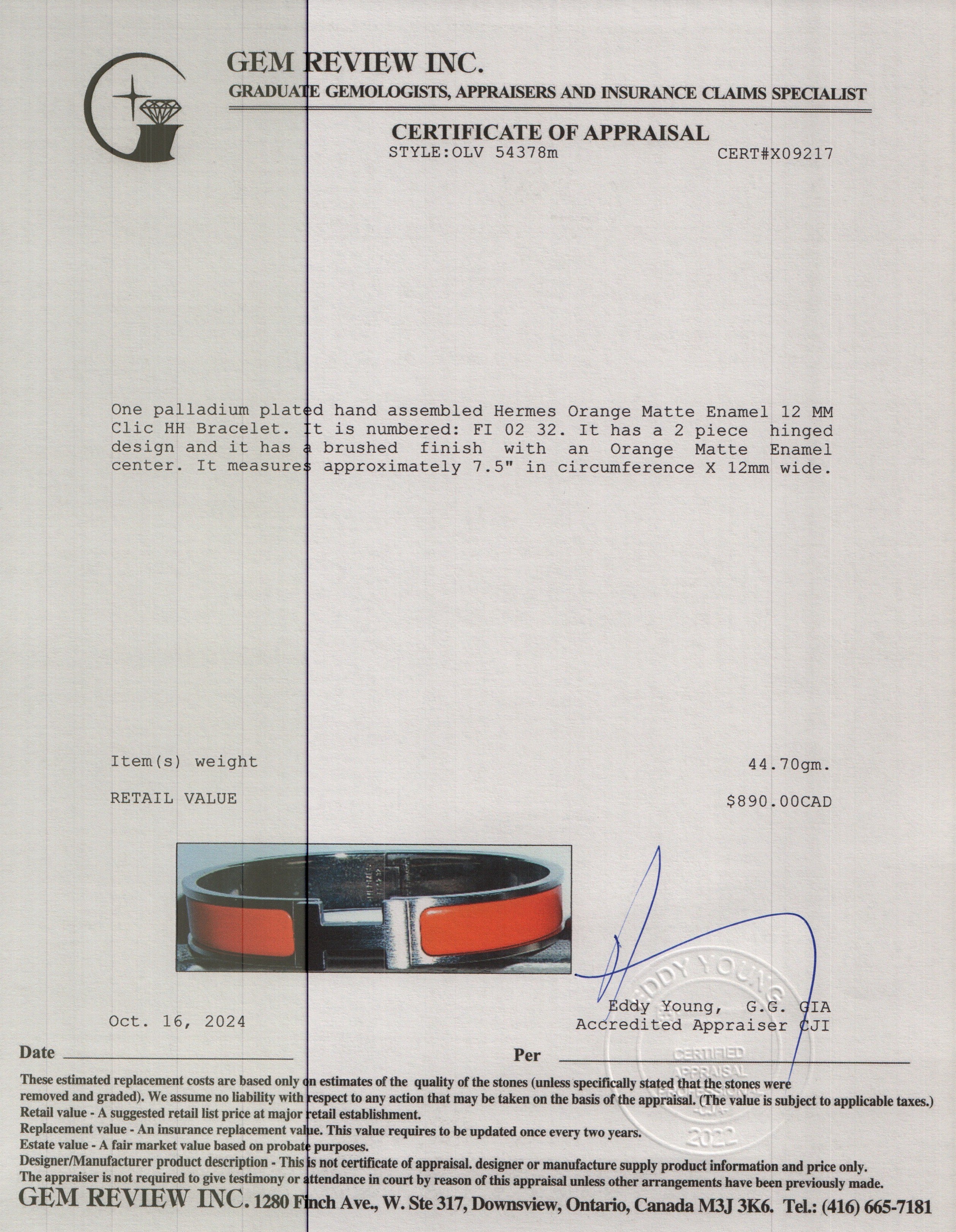 Hermes Palladium Plated Orange Matte Enamel 12 MM Clic HH Bracelet w/ Box