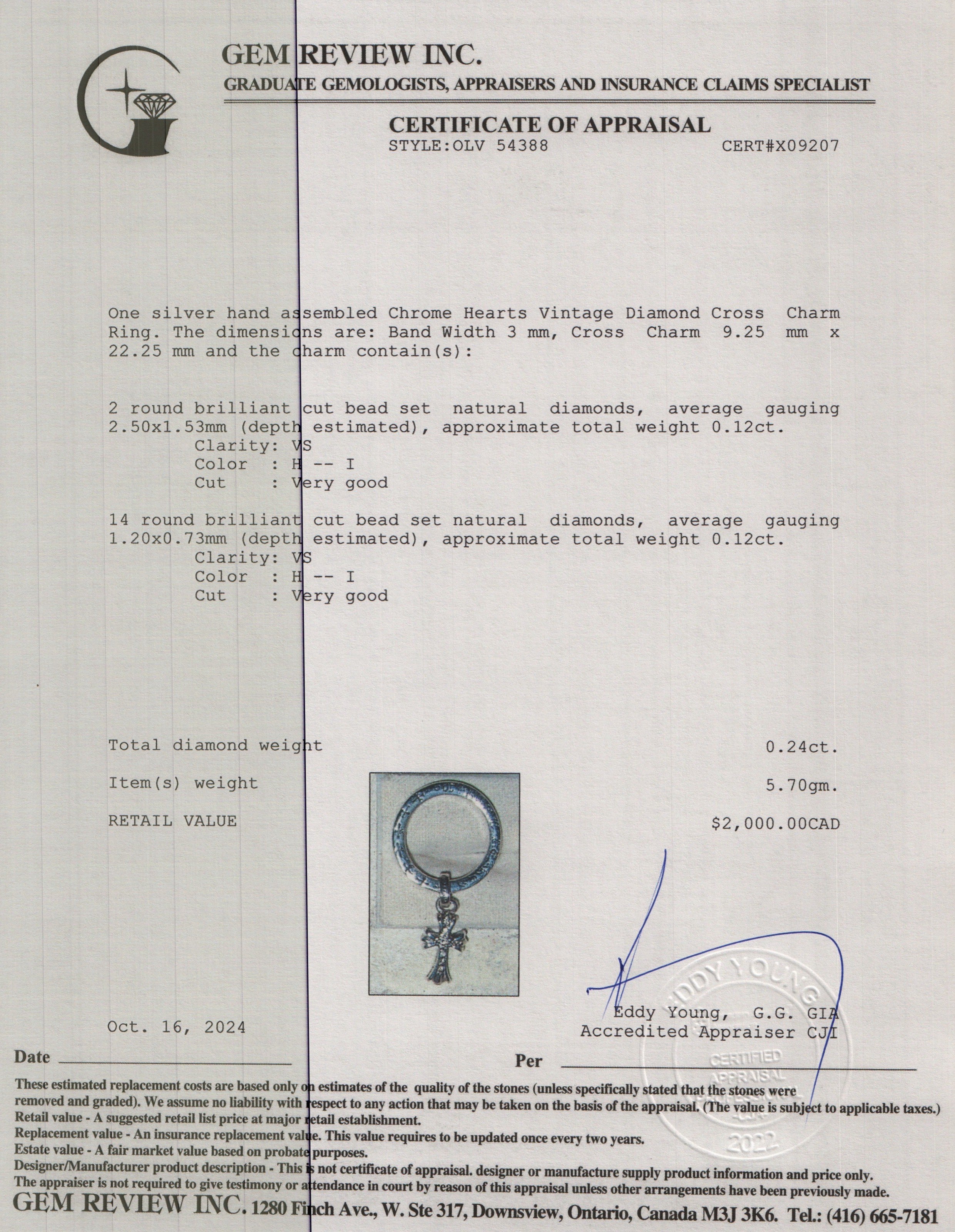 Chrome Hearts Vintage Sterling Silver Diamond Cross Charm Ring, Size 5.5