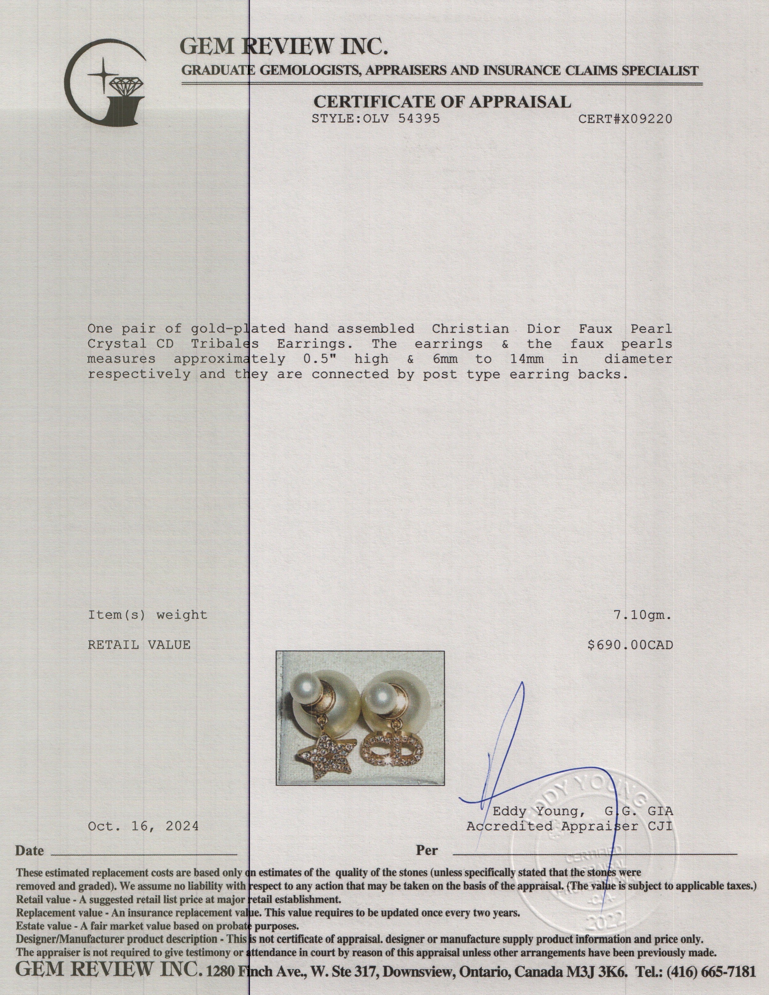 Christian Dior Gold Plated Faux Pearl Crystal CD Star Tribales Earrings w/ Box