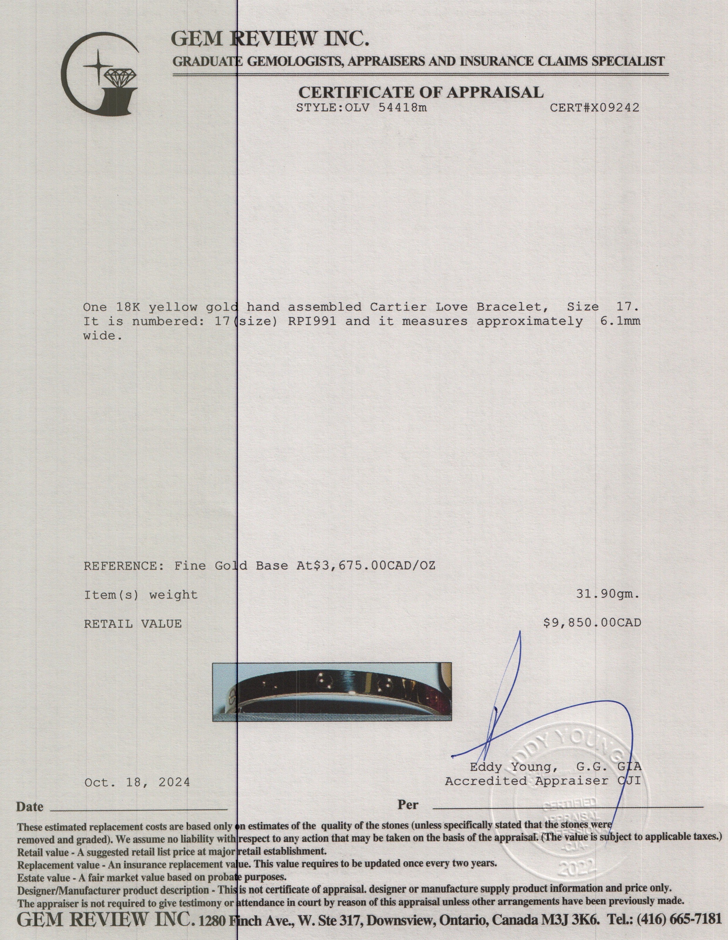 Cartier 18k Yellow Gold Love Bracelet, Size 17 w/ Box & Certificate