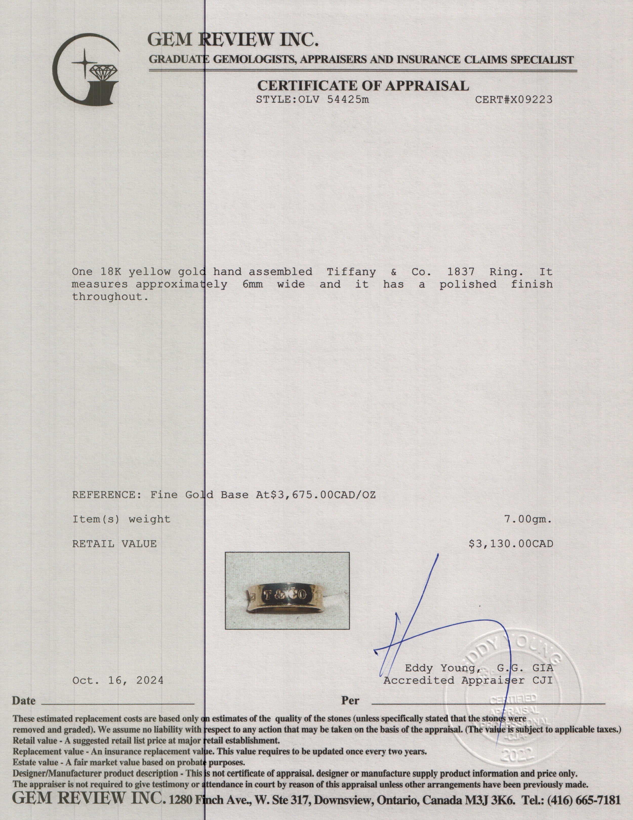 Tiffany & Co. 18k Yellow Gold 1837 Ring, Size 6