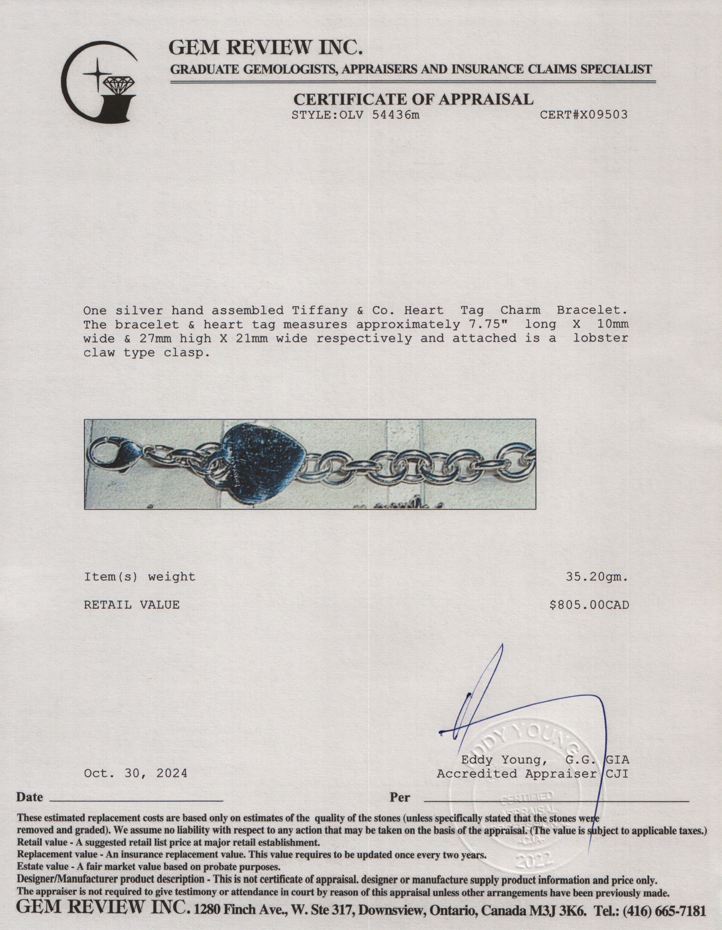 Tiffany & Co. Sterling Silver Heart Tag Charm Bracelet