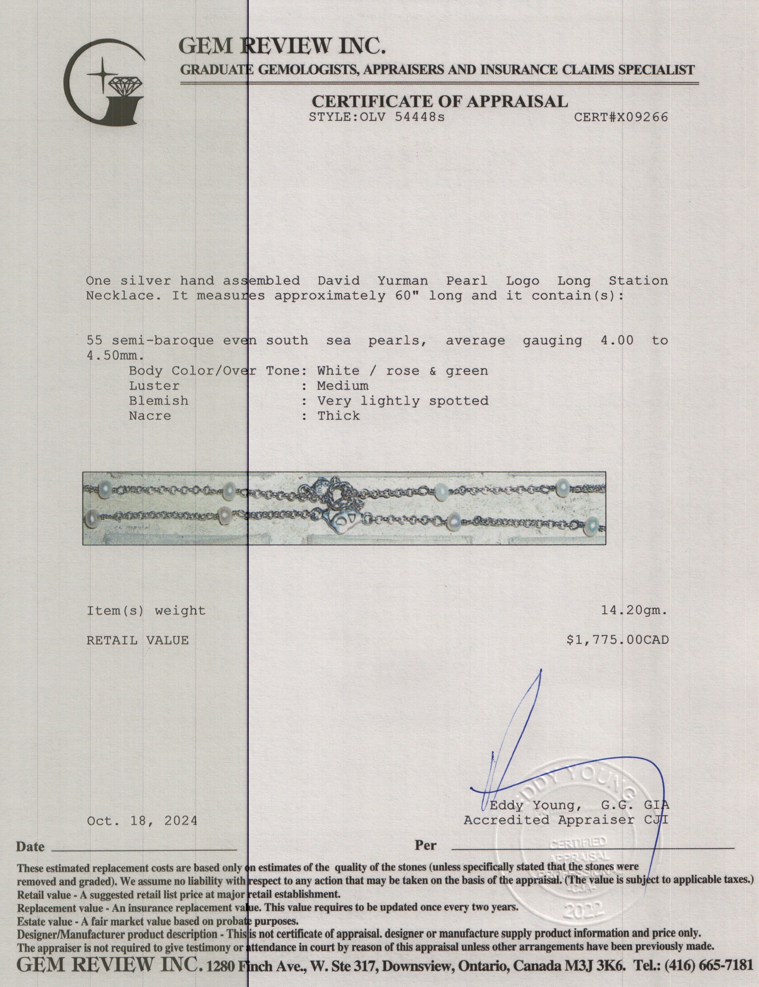 David Yurman Sterling Silver Pearl Logo Long Station Necklace