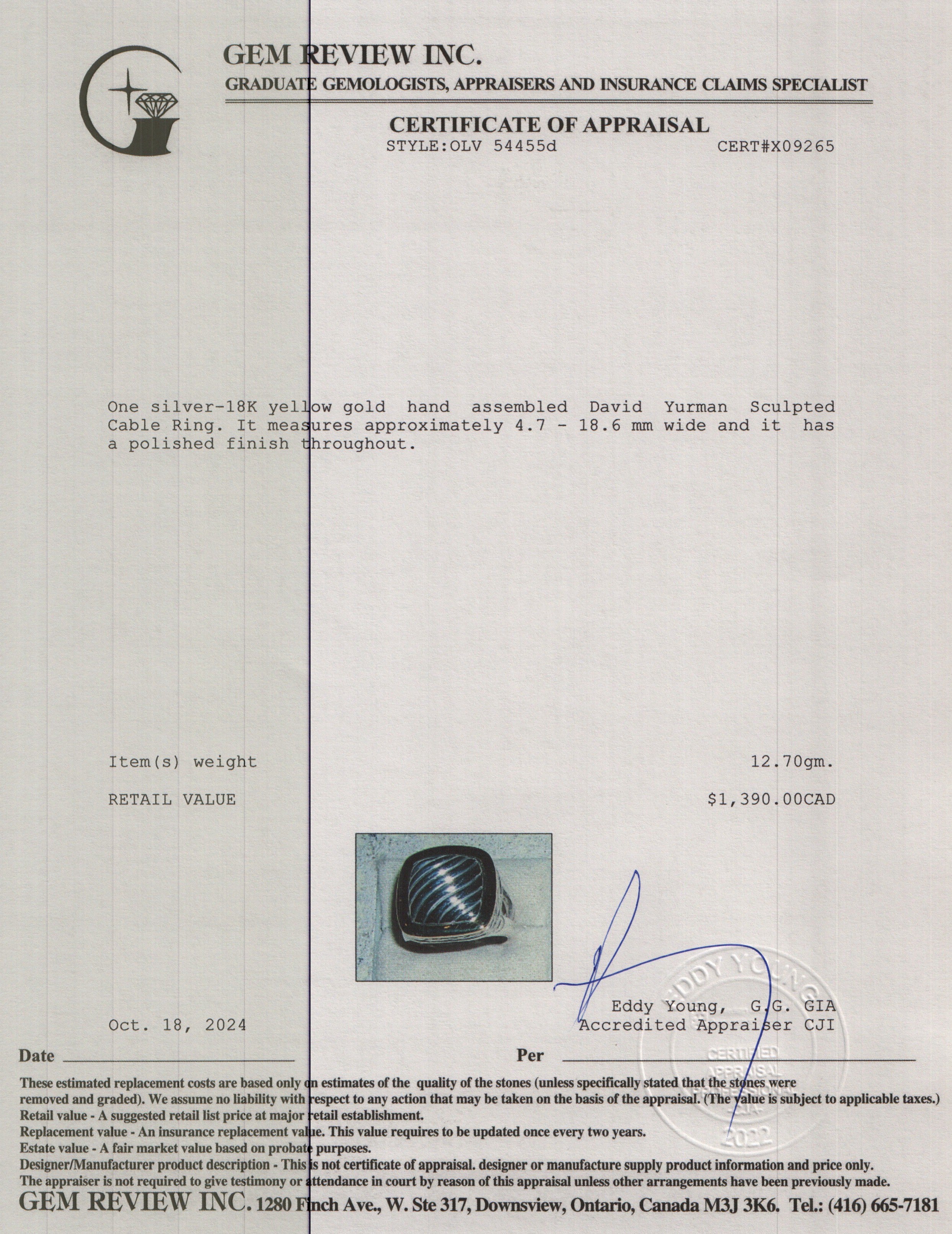 David Yurman Sterling Silver & 18k Yellow Gold Sculpted Cable Ring, Size 7.25