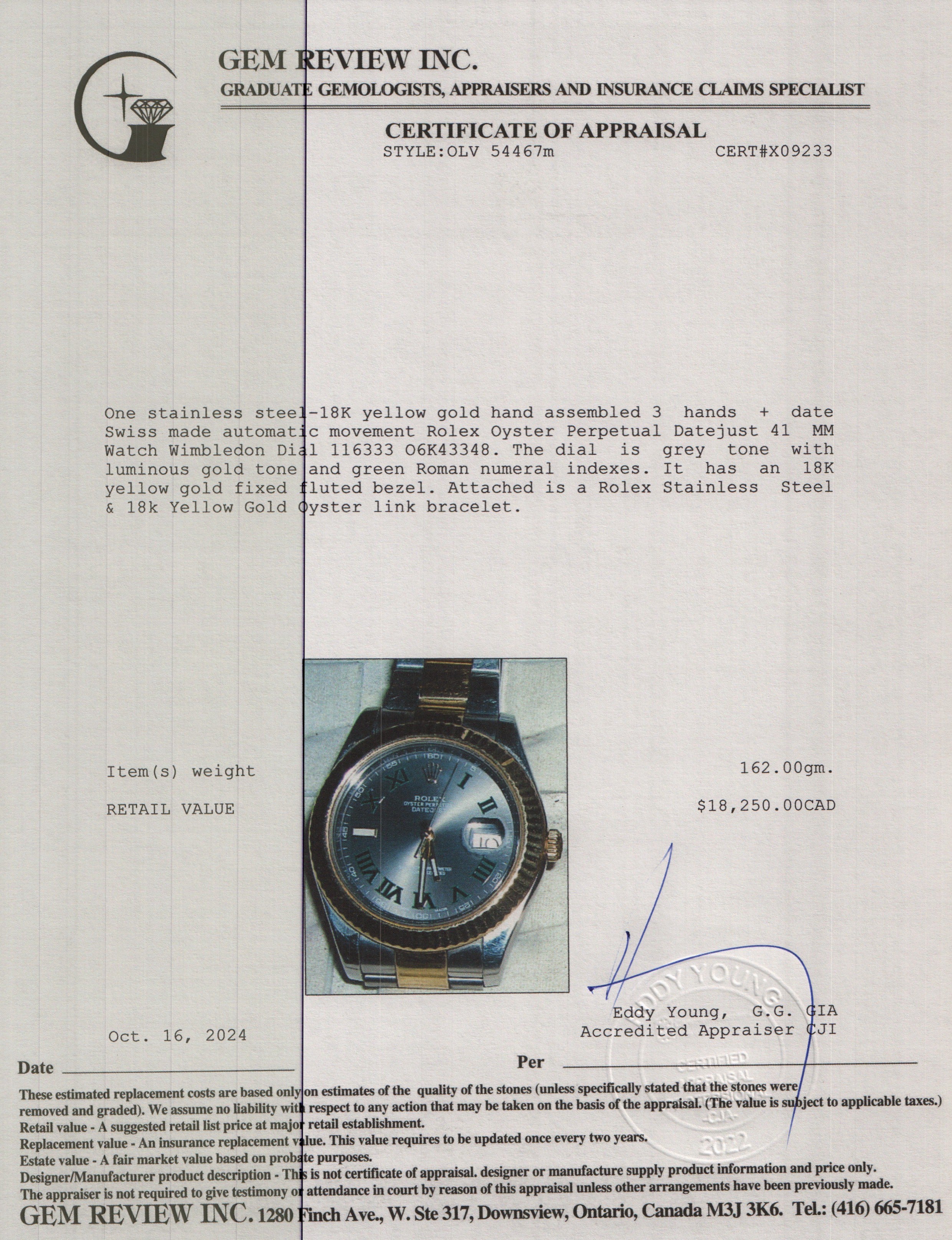 Rolex Stainless Steel & 18k Yellow Gold Oyster Perpetual Datejust 41 MM Watch Wimbledon Dial 116333 w/ Box & Papers
