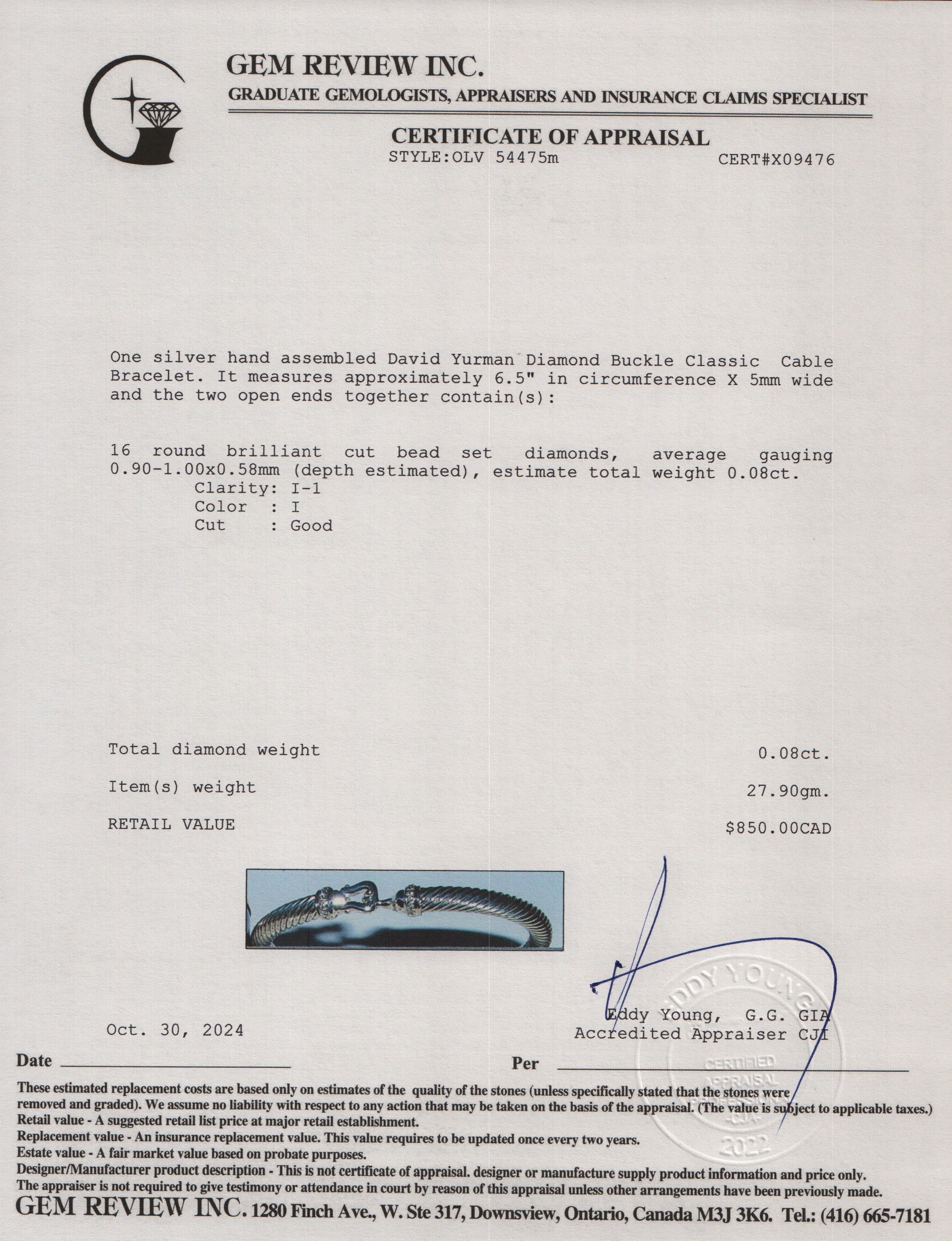 David Yurman Sterling Silver Diamond 5MM Buckle Classic Cable Bracelet